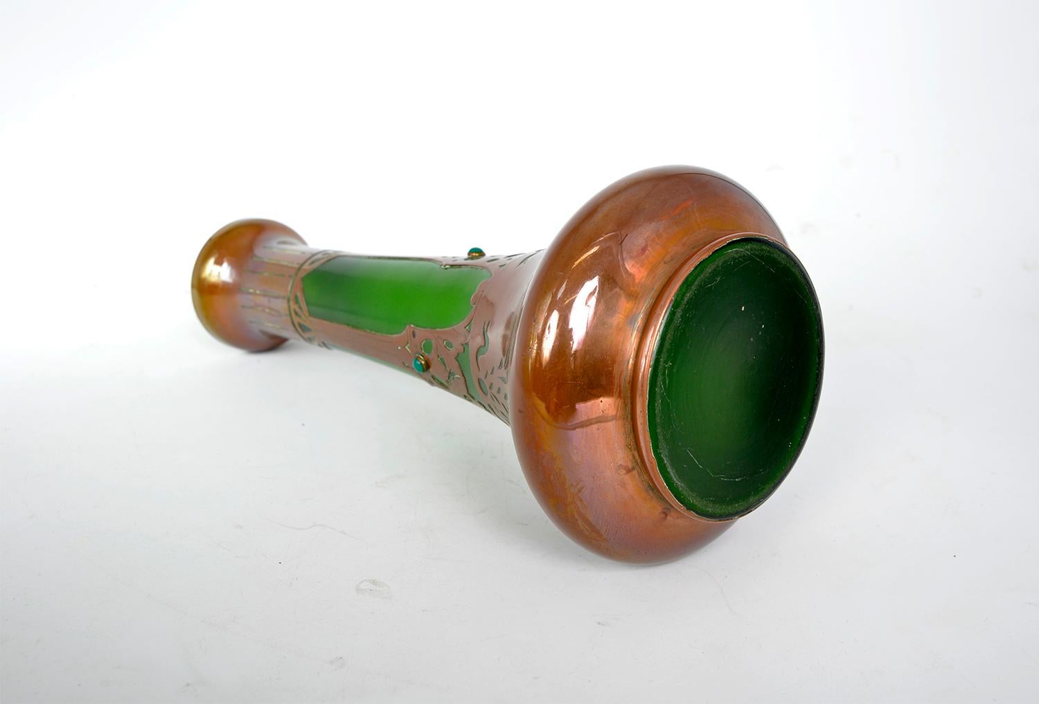 Bohemian Jugendstil Art Nouveau Austrian Secessionist Glass Copper Overlay Vase For Sale 1