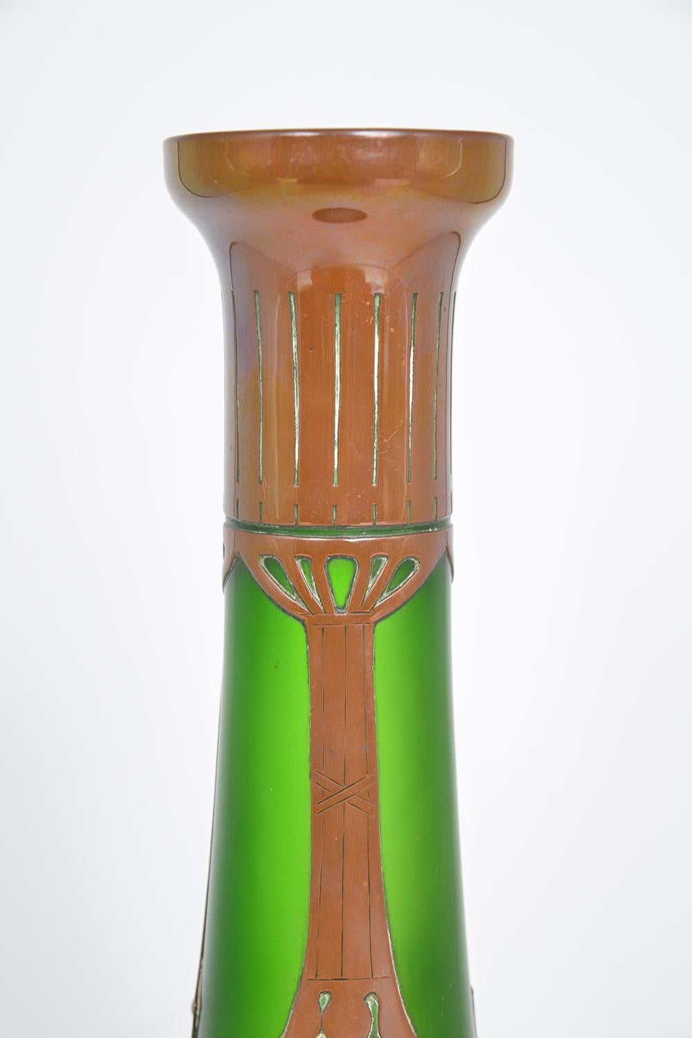 Bohemian Jugendstil Art Nouveau Austrian Secessionist Glass Copper Overlay Vase For Sale 2