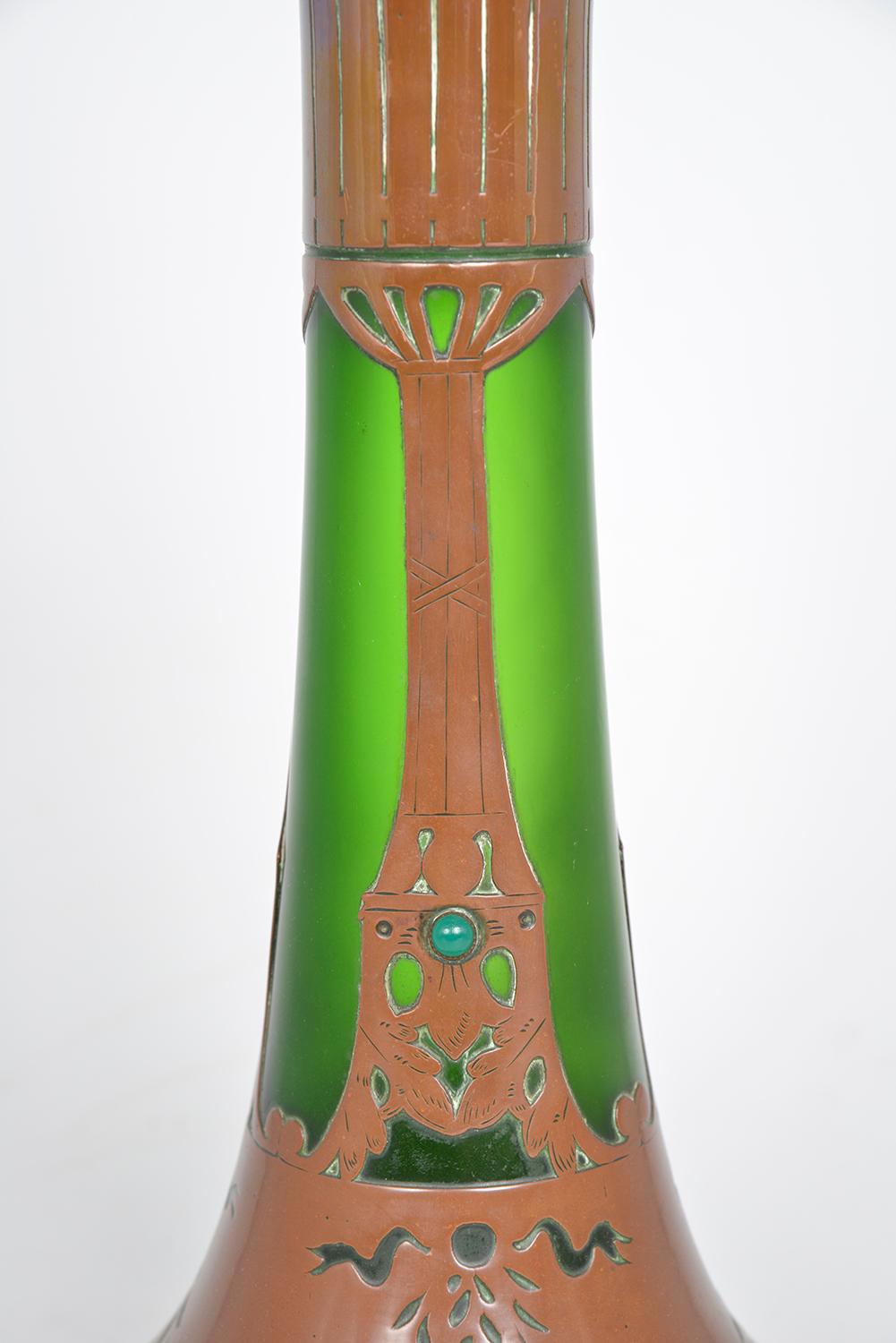 Bohemian Jugendstil Art Nouveau Austrian Secessionist Glass Copper Overlay Vase For Sale 3
