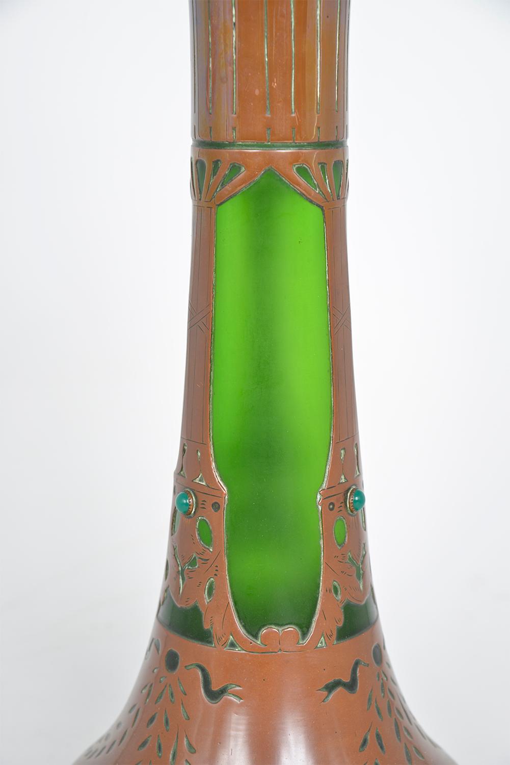 Bohemian Jugendstil Art Nouveau Austrian Secessionist Glass Copper Overlay Vase For Sale 4