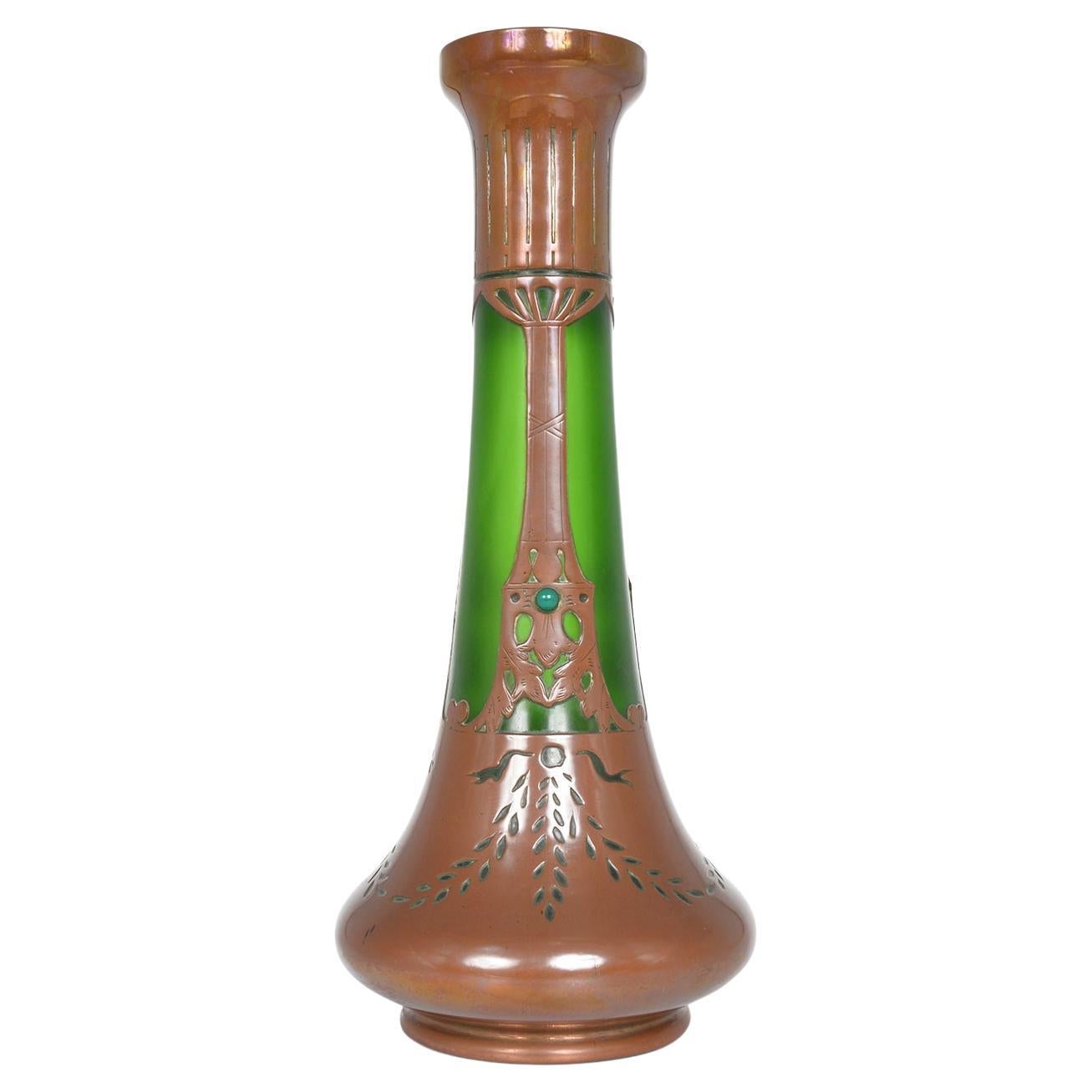 Bohemian Jugendstil Art Nouveau Austrian Secessionist Glass Copper Overlay Vase For Sale