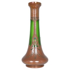 Antique Bohemian Jugendstil Art Nouveau Austrian Secessionist Glass Copper Overlay Vase