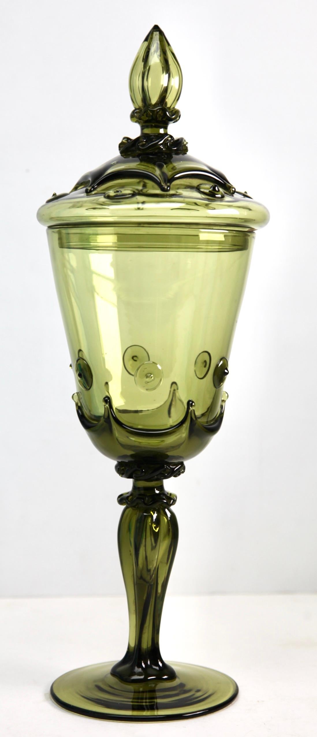 Bohemian glass footed jar, circa 1950s.
This is a real collector’s piece that should not miss in the collection.
This piece is in excellent condition.
Looks simply stunning.

Dimensions:
Height 42 cm, 16.53 inch
Width 15 cm, 5.90
