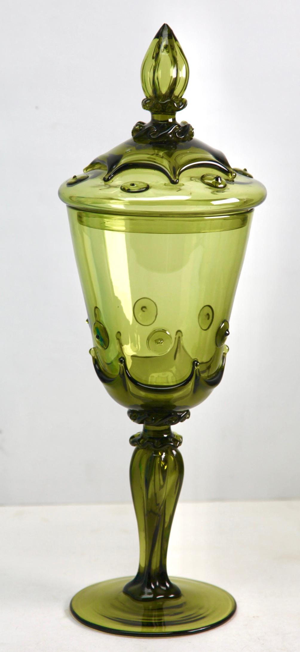 Art Nouveau Bohemian Large Glass Footed Jar with Lid, 1950s For Sale