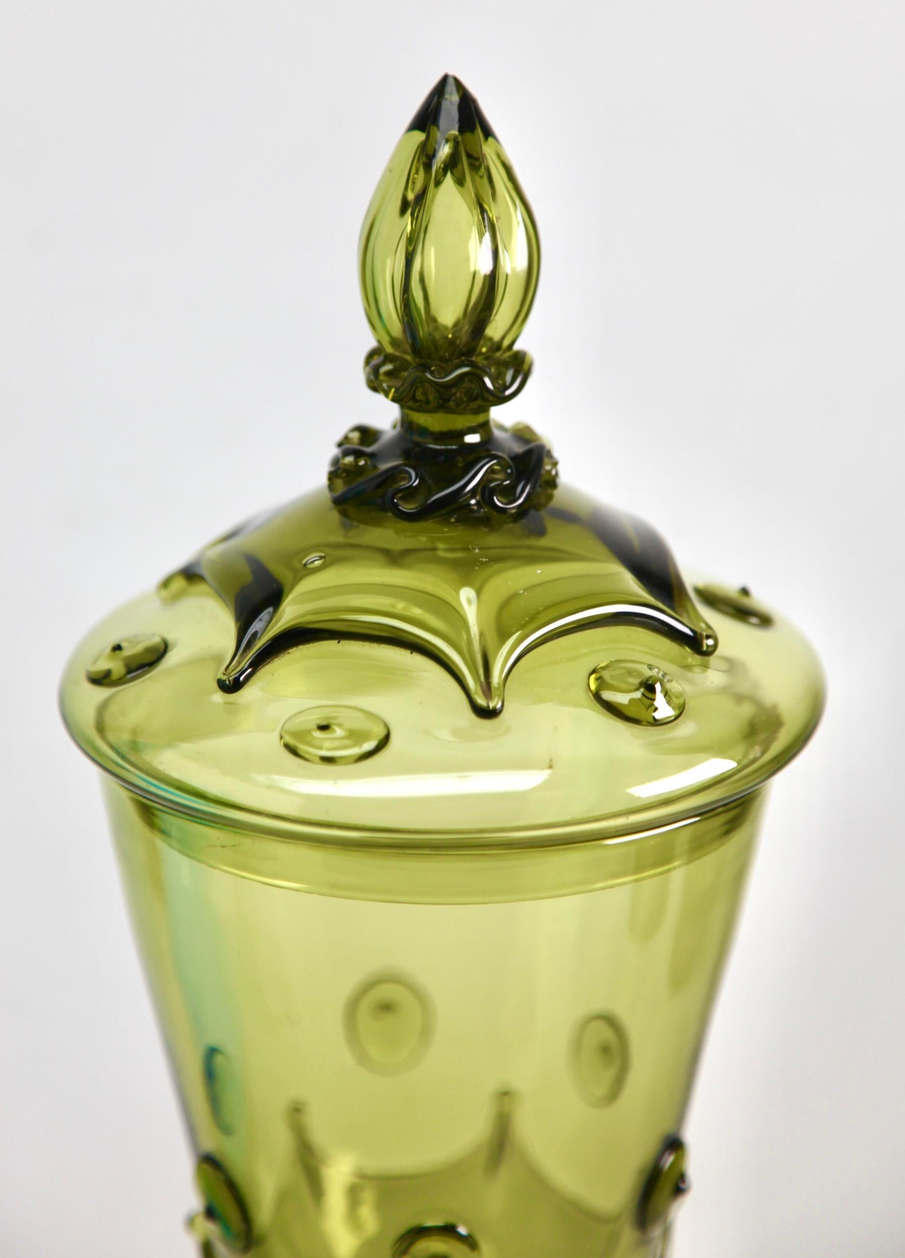 Czech Bohemian Large Glass Footed Jar with Lid, 1950s For Sale