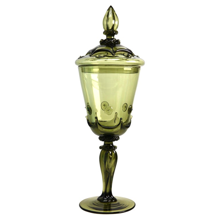 Bohemian Large Glass Footed Jar with Lid, 1950s For Sale at 1stDibs