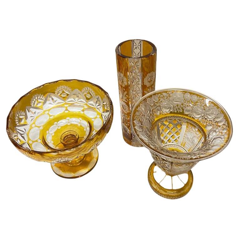 Two Bohemian lead crystal vases and a bowl, amber, ca. 1928s, good original condition.

 