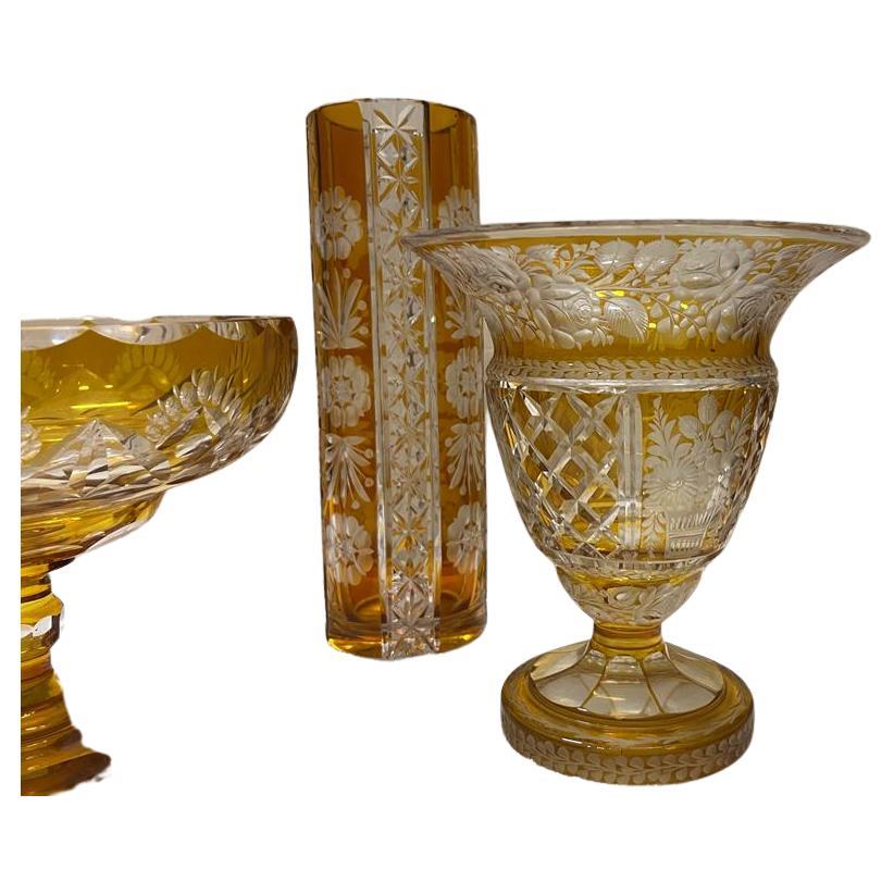 Early 20th Century Bohemian Lead Crystal Vases and Bowl, Amber, Ca. 1928