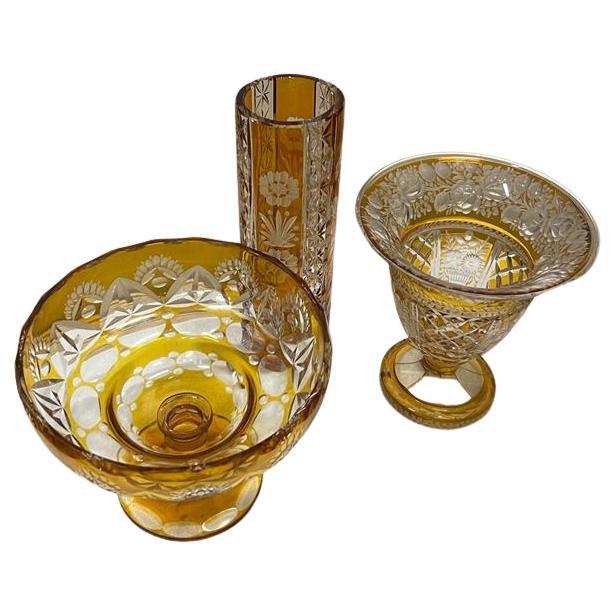 Bohemian Lead Crystal Vases and Bowl, Amber, Ca. 1928 1