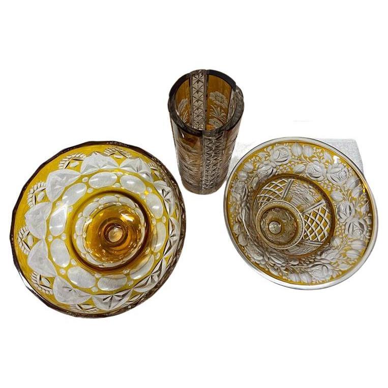 Bohemian Lead Crystal Vases and Bowl, Amber, Ca. 1928 4
