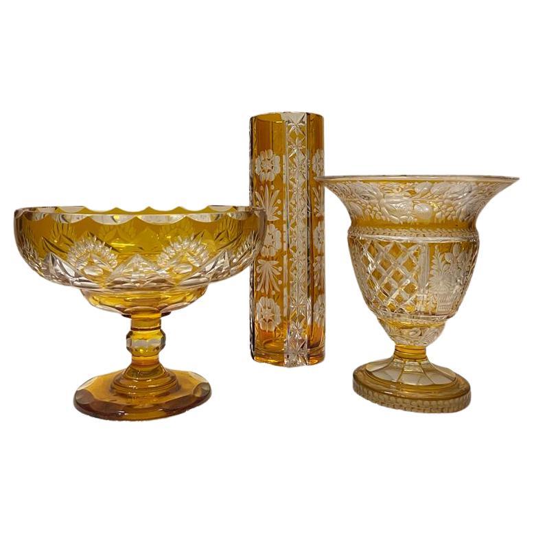 Bohemian Lead Crystal Vases and Bowl, Amber, Ca. 1928