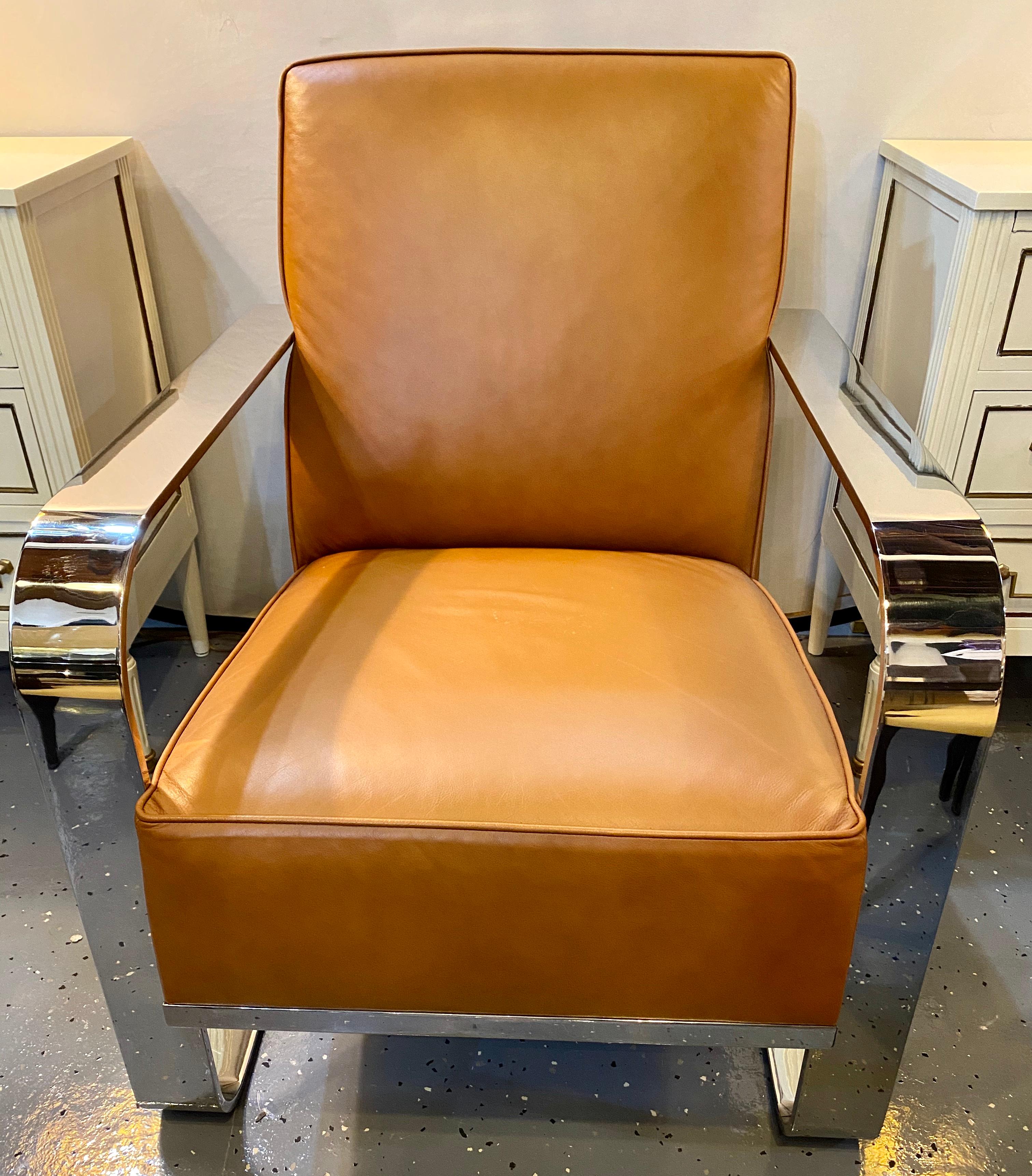 Lauren Bohemian chairs chrome and leather rockers. A pair of Lauren lounge chairs with heavy chrome detailing in the arms, legs and the back. Beautiful high grade distressed brown leather.
Very comfortable with a slight bounce like a rocking chair.