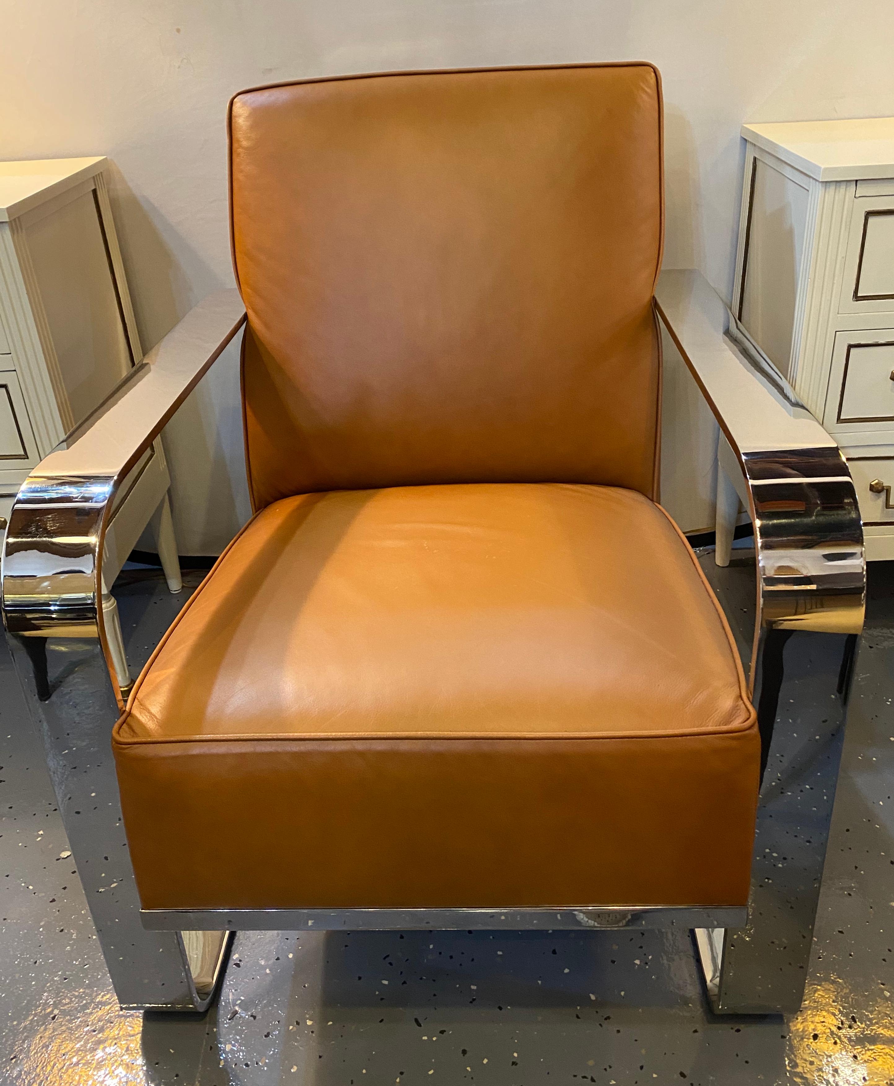 Mid-Century Modern Bohemian Leather Chairs, Chrome and Leather Rockers, a Pair Labeled Ralph Lauren