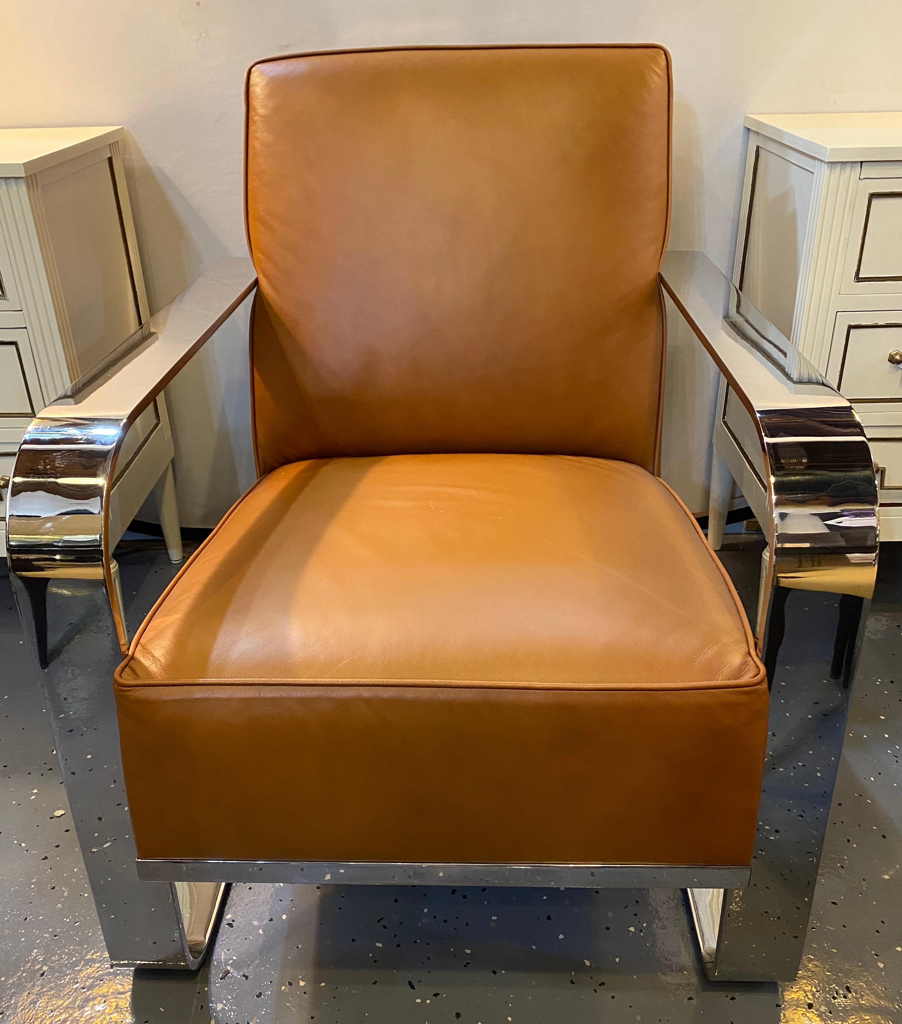 Contemporary Bohemian Leather Chairs, Chrome and Leather Rockers, a Pair Labeled Ralph Lauren
