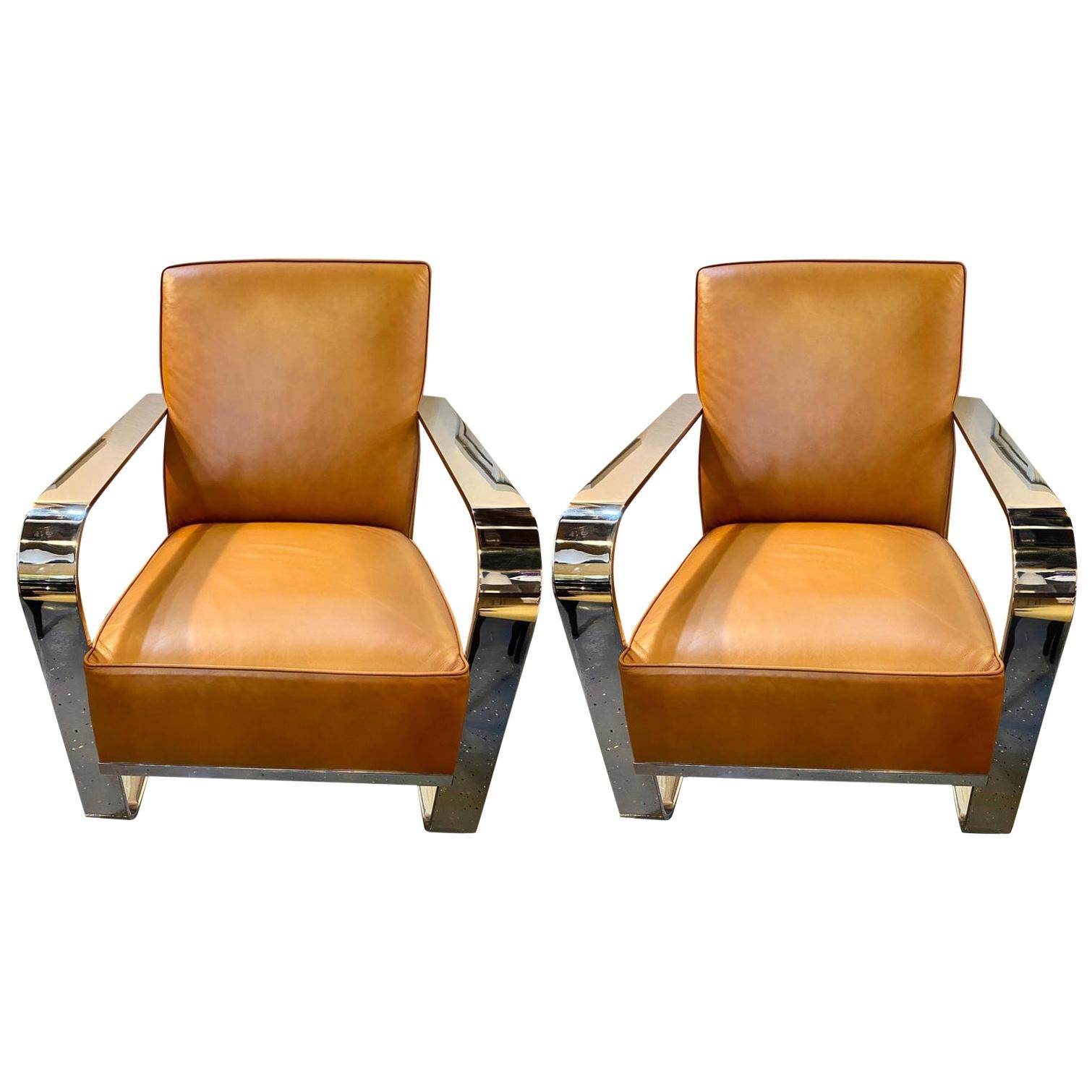 Bohemian Leather Chairs, Chrome and Leather Rockers, a Pair Labeled Ralph Lauren