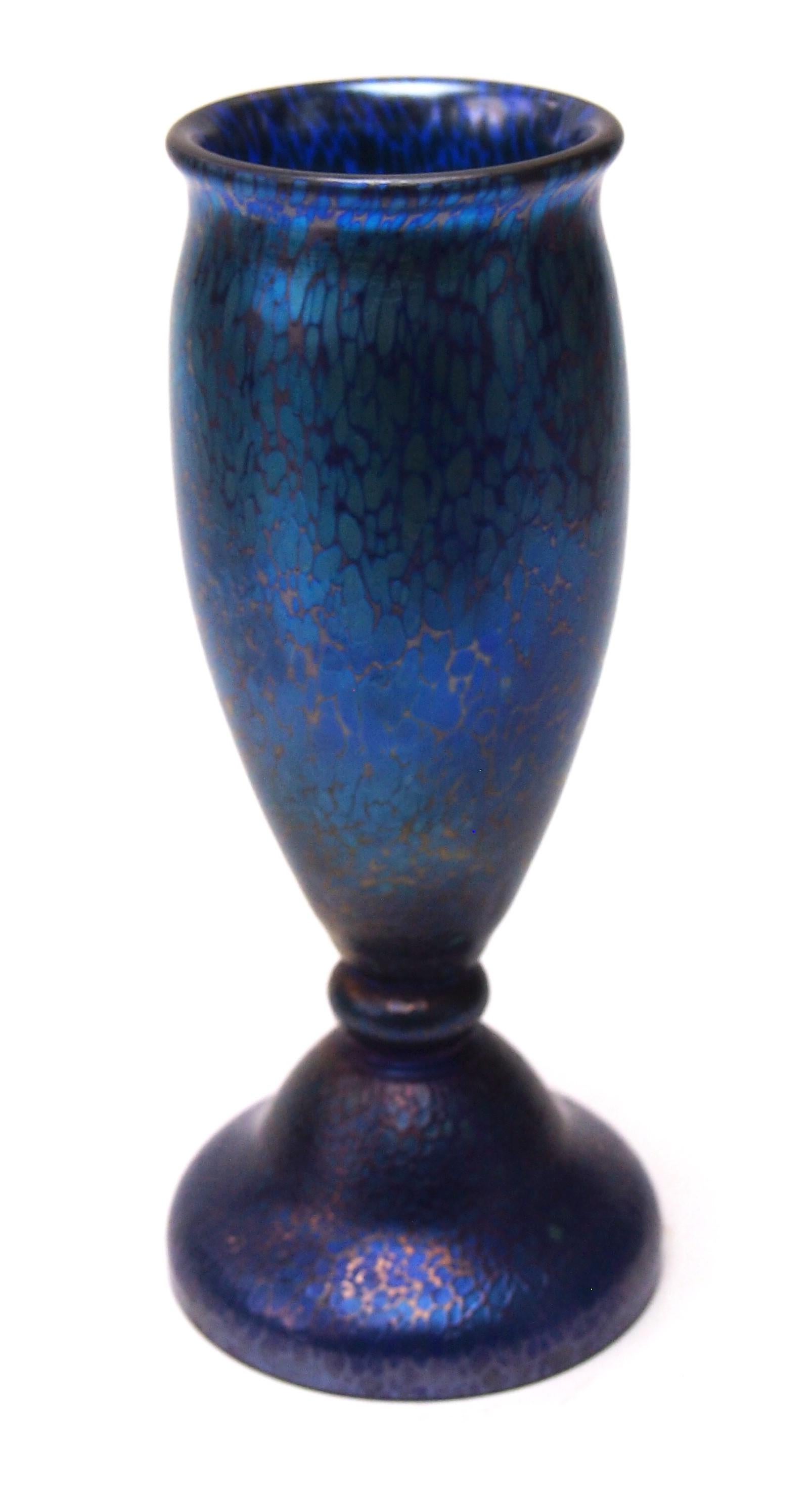 A fabulous Art Deco Cobalt (blue/gold on blue) Papillon (Butterfly wing) footed vase. This iridised finish was first created by Loetz in 1898, but the pattern was revised in the early 1920s when more complex shapes like this example were created
