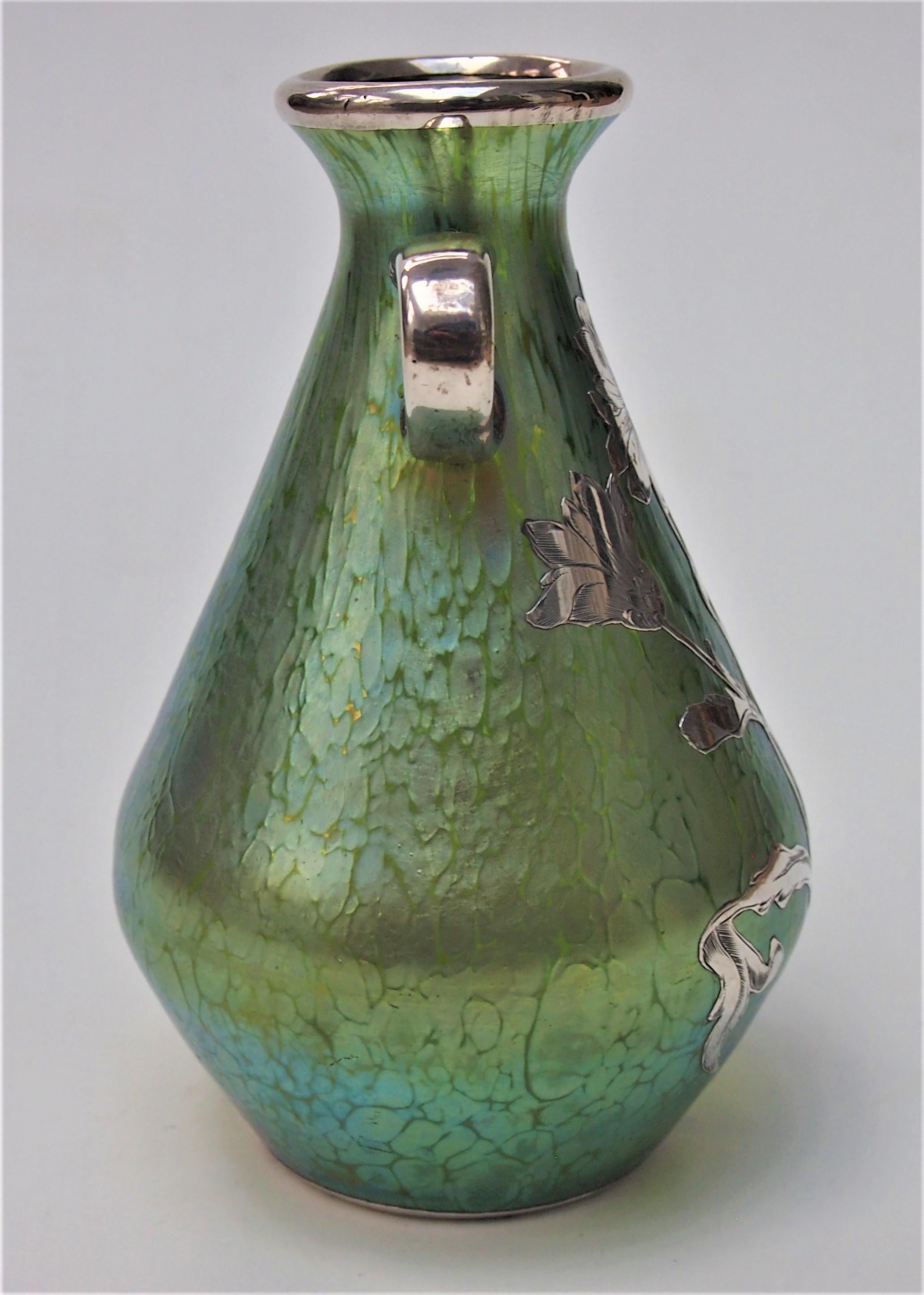 Czech Bohemian Loetz Candia Papillon glass vase with handles and silver overlay c1898 For Sale