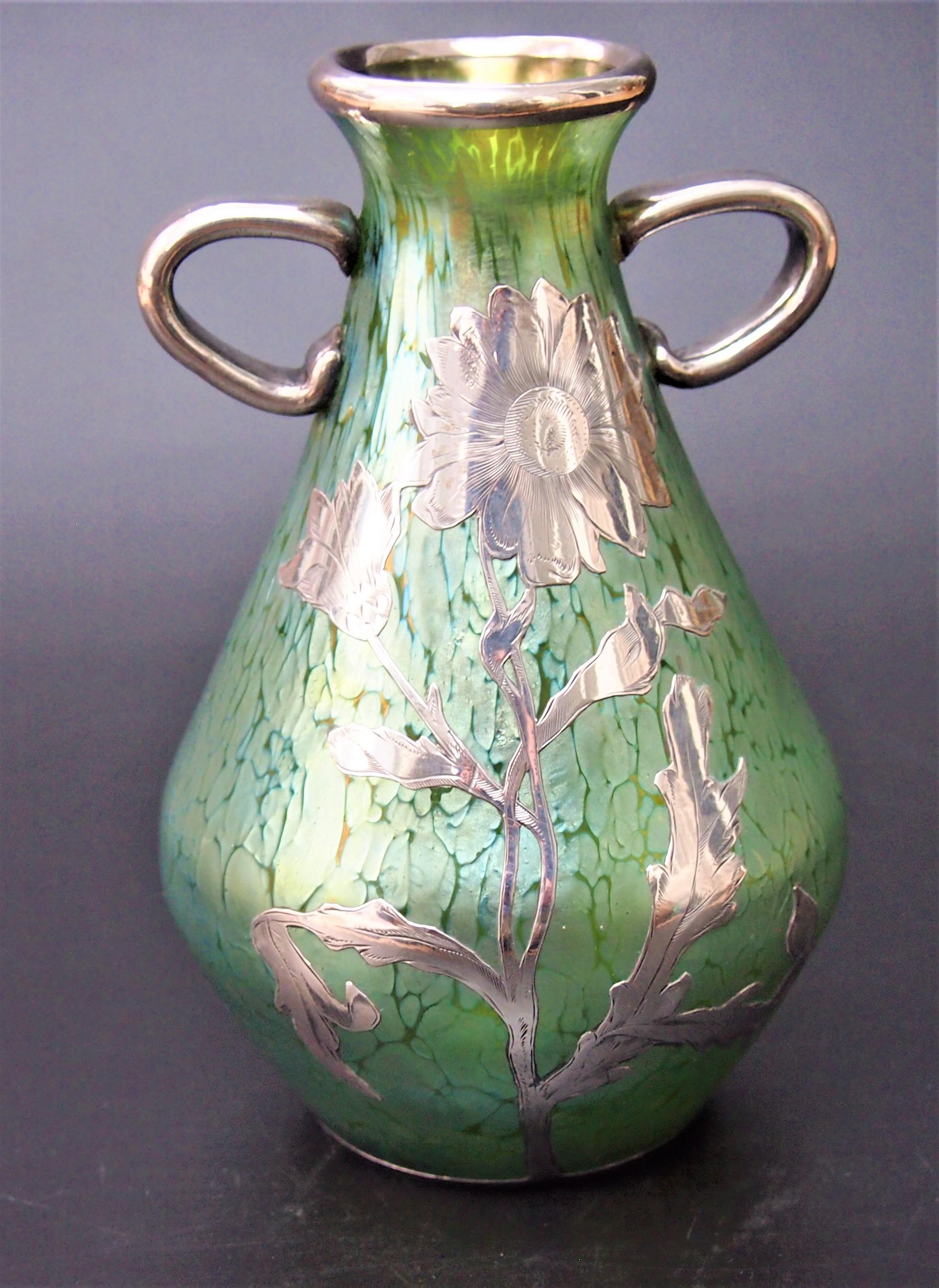 Silver Bohemian Loetz Candia Papillon glass vase with handles and silver overlay c1898 For Sale