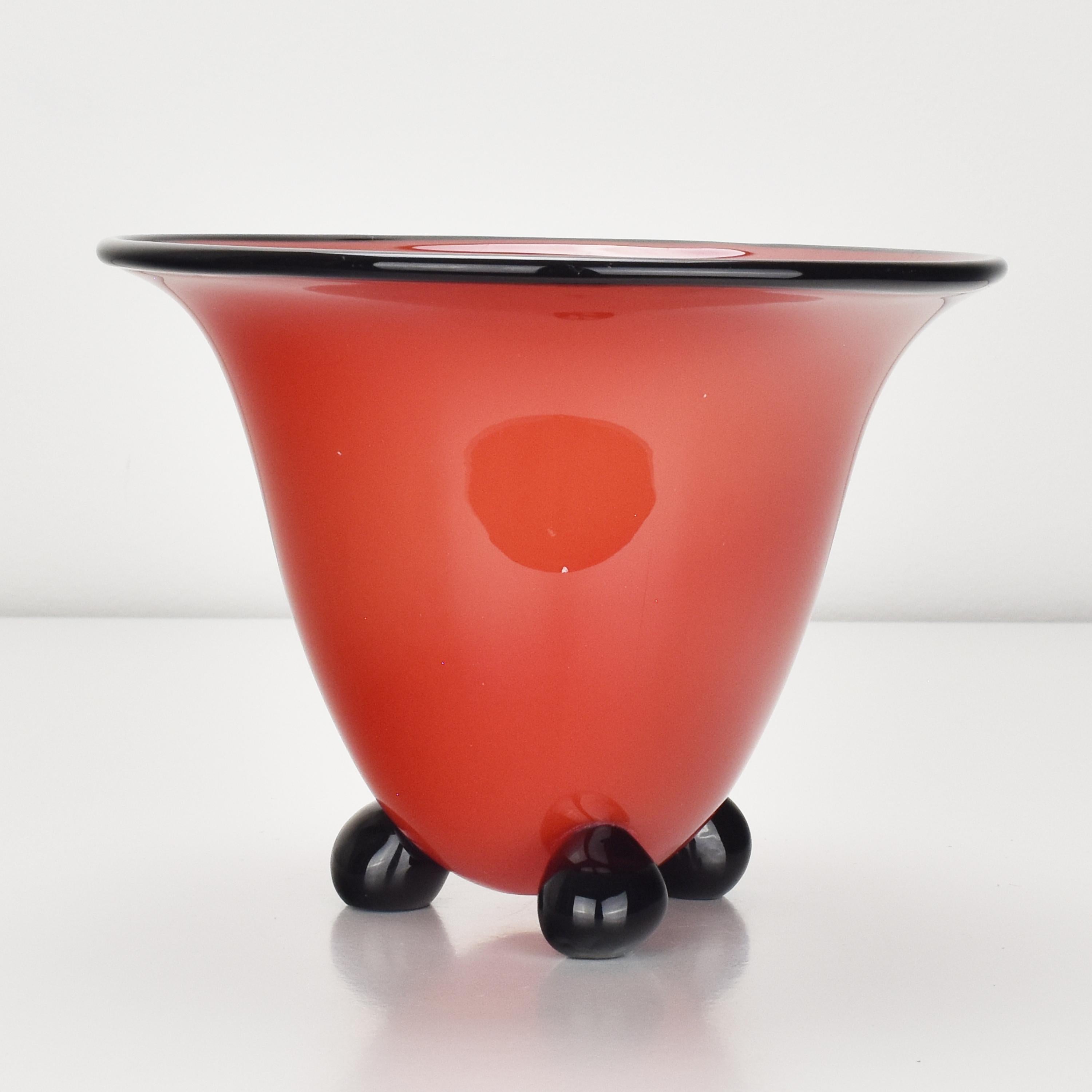 Vienna Secession Bohemian Loetz Red Tango Glass Vase w. Black Accents by Michael Powolny For Sale