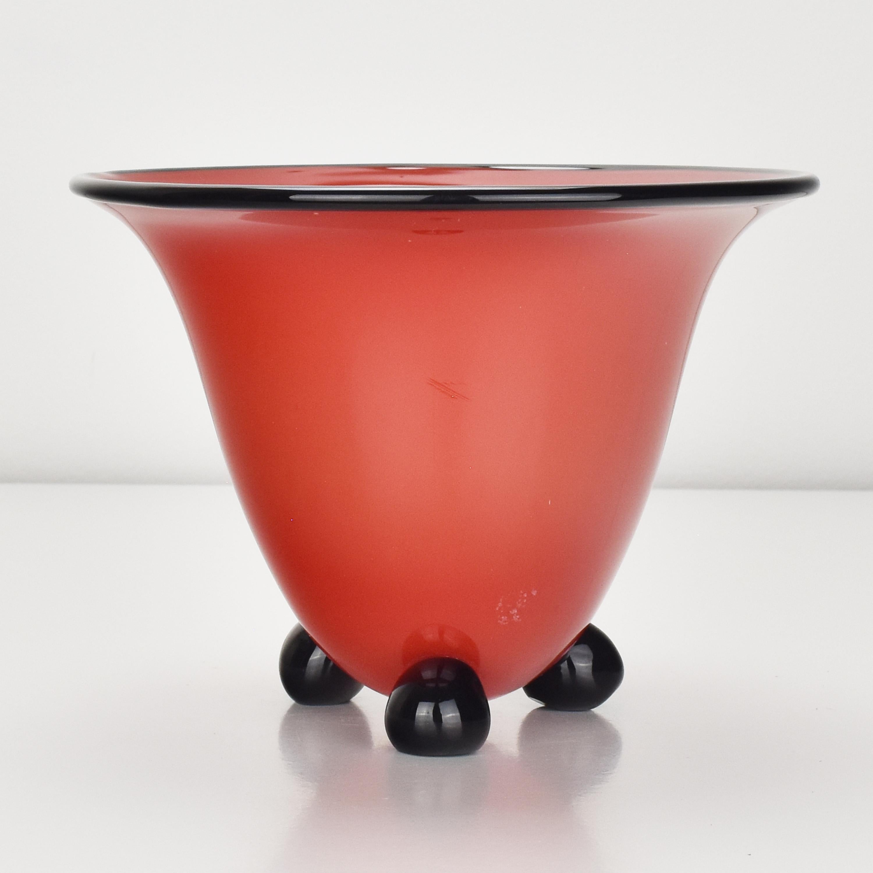 Vienna Secession Bohemian Loetz Red Tango Glass Vase w. Black Accents by Michael Powolny For Sale