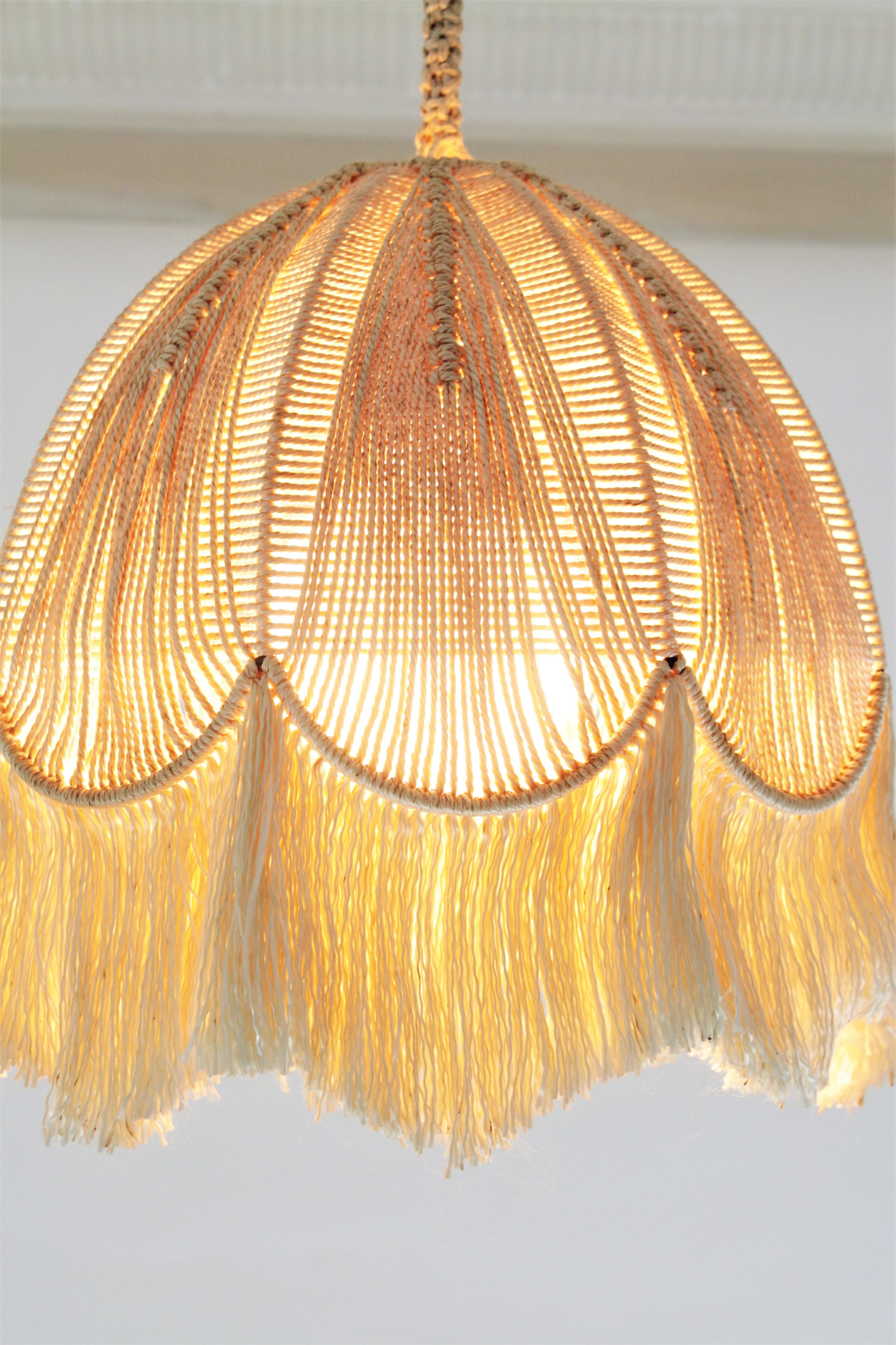 Bohemian Macrame Fiber Bell Pendant Hanging Lamp with Fringe, Spain, 1970s 3