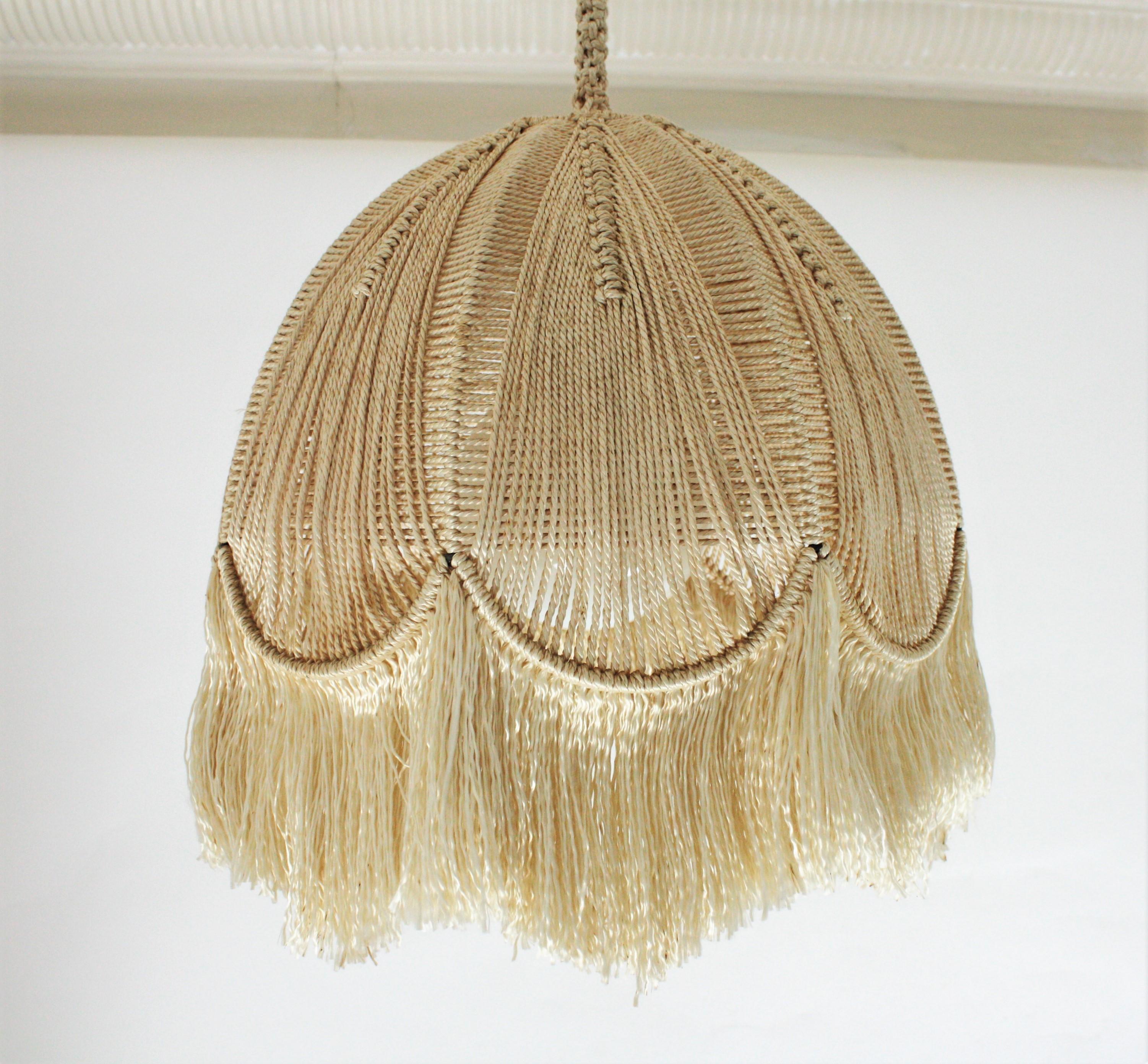 Bohemian Macrame Fiber Bell Pendant Hanging Lamp with Fringe, Spain, 1970s 6