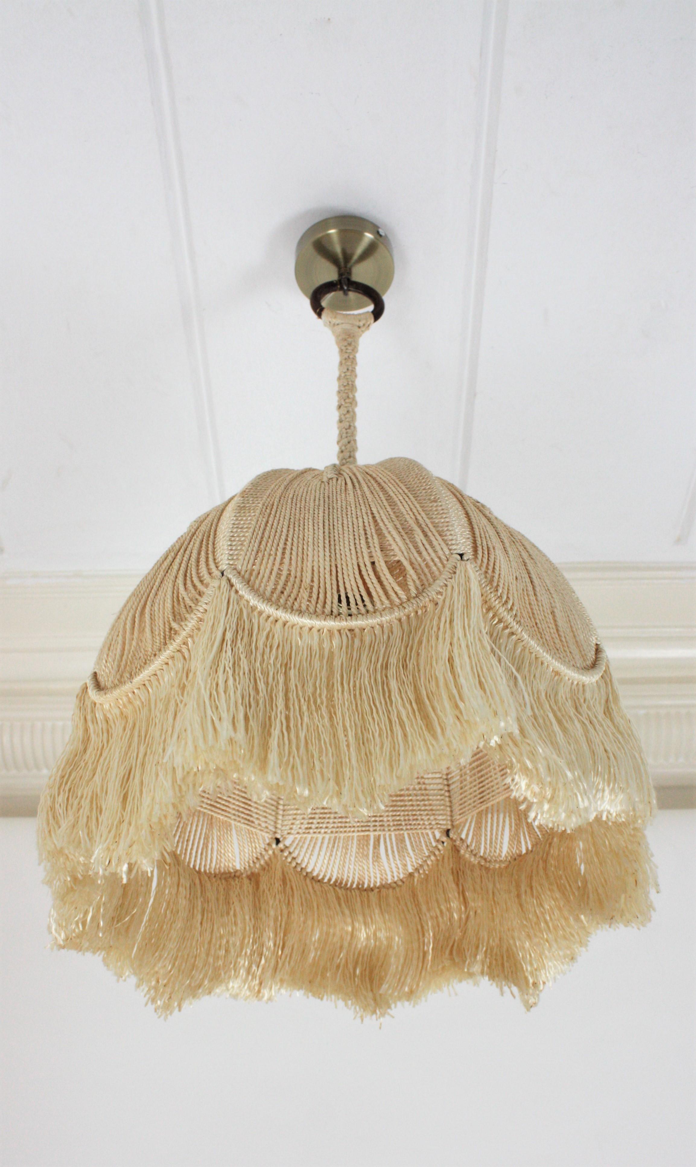 Bohemian Macrame Fiber Bell Pendant Hanging Lamp with Fringe, Spain, 1970s 8