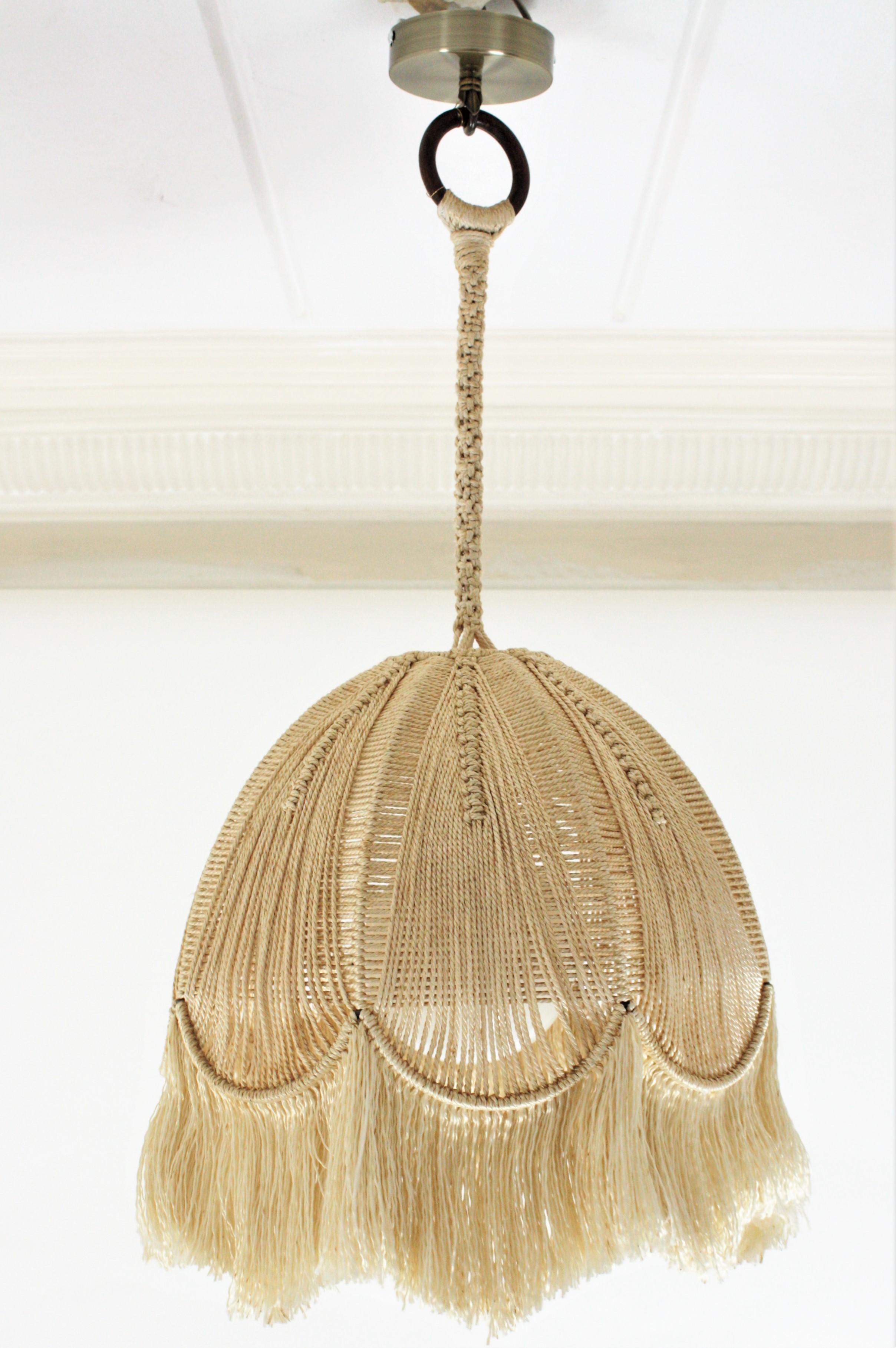 Bohemian Macrame Fiber Bell Pendant Hanging Lamp with Fringe, Spain, 1970s 11