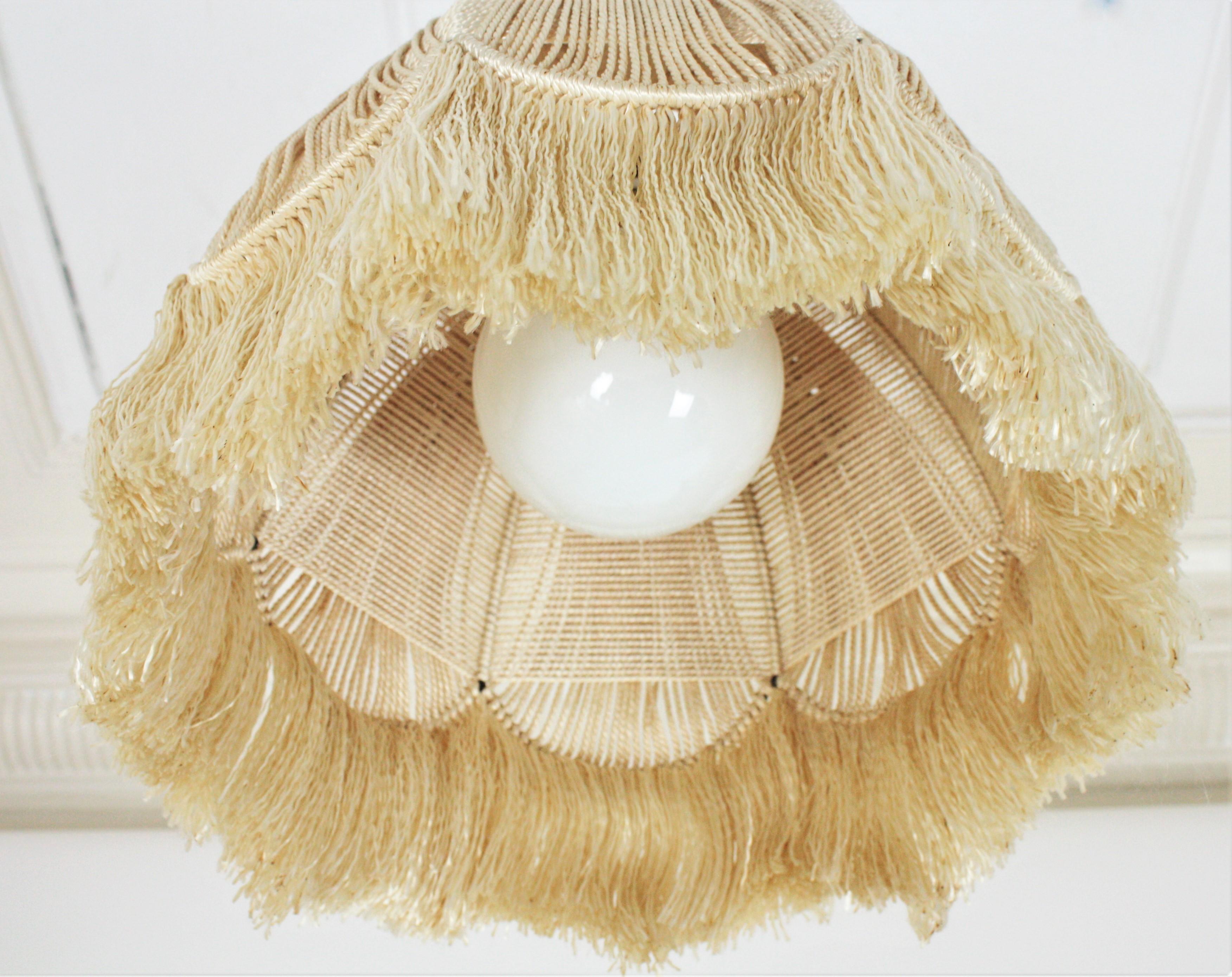 Mid-Century Modern Bohemian Macrame Fiber Bell Pendant Hanging Lamp with Fringe, Spain, 1970s