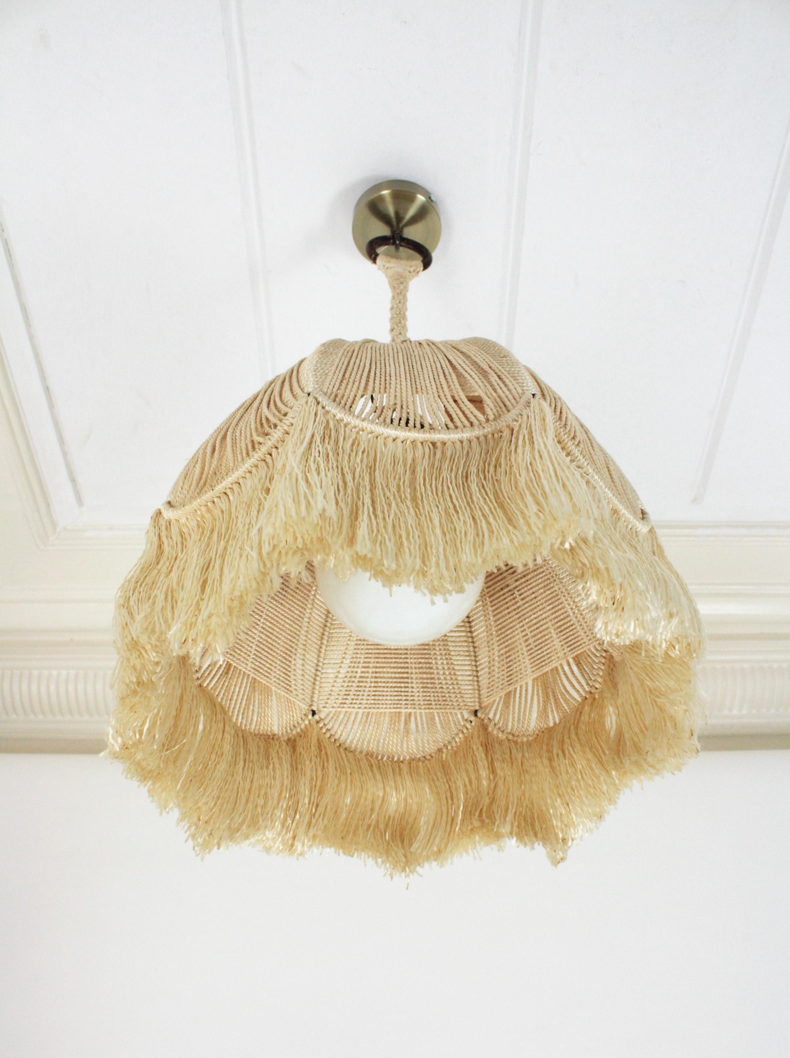 Spanish Bohemian Macrame Fiber Bell Pendant Hanging Lamp with Fringe, Spain, 1970s