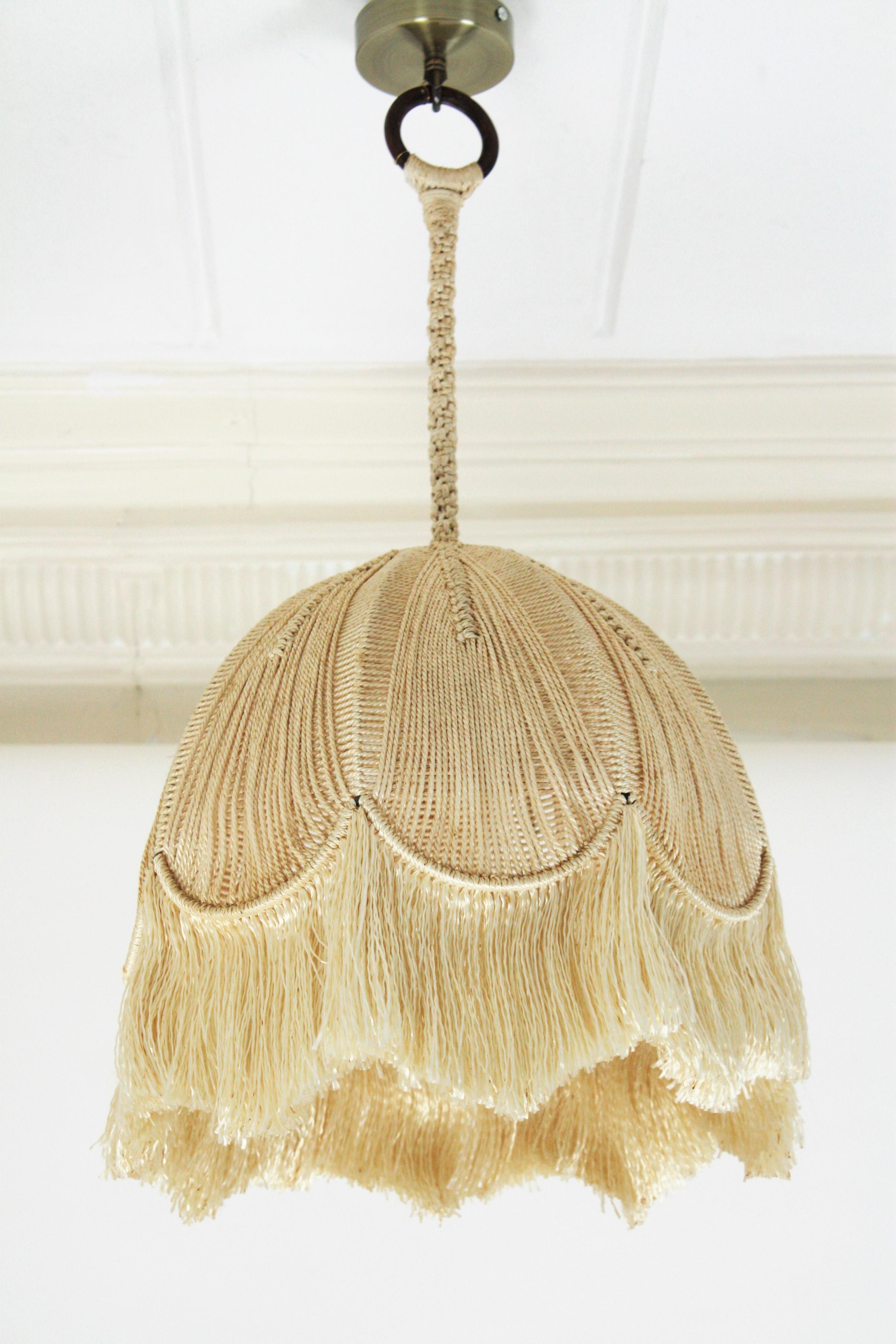 Bohemian Macrame Fiber Bell Pendant Hanging Lamp with Fringe, Spain, 1970s In Good Condition In Barcelona, ES