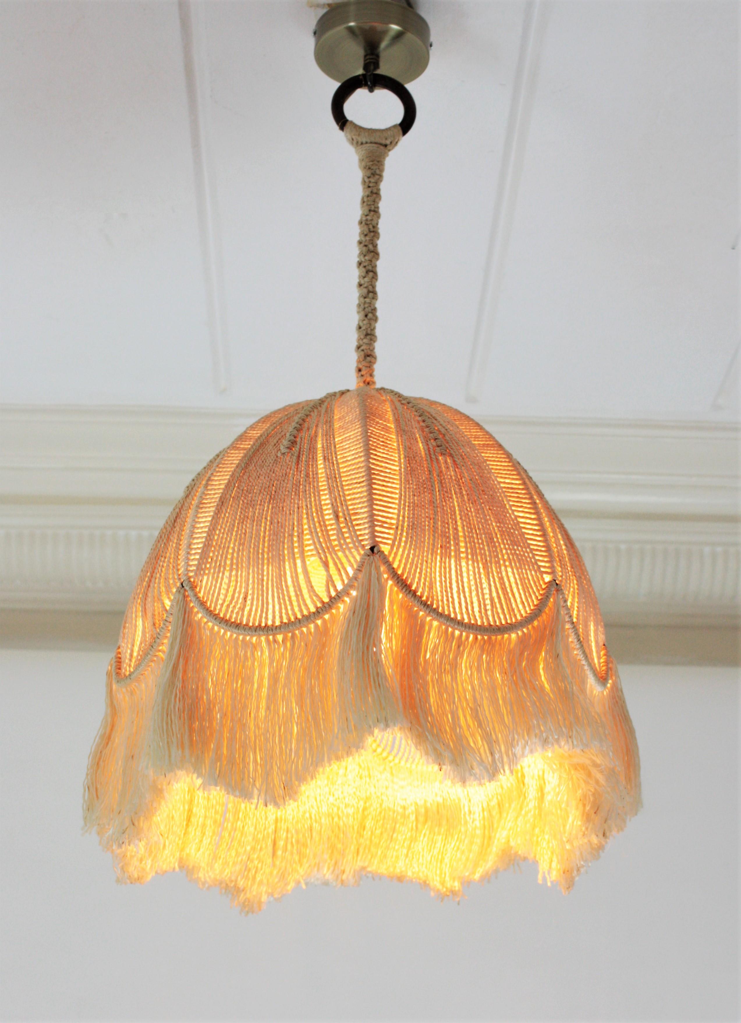 20th Century Bohemian Macrame Fiber Bell Pendant Hanging Lamp with Fringe, Spain, 1970s