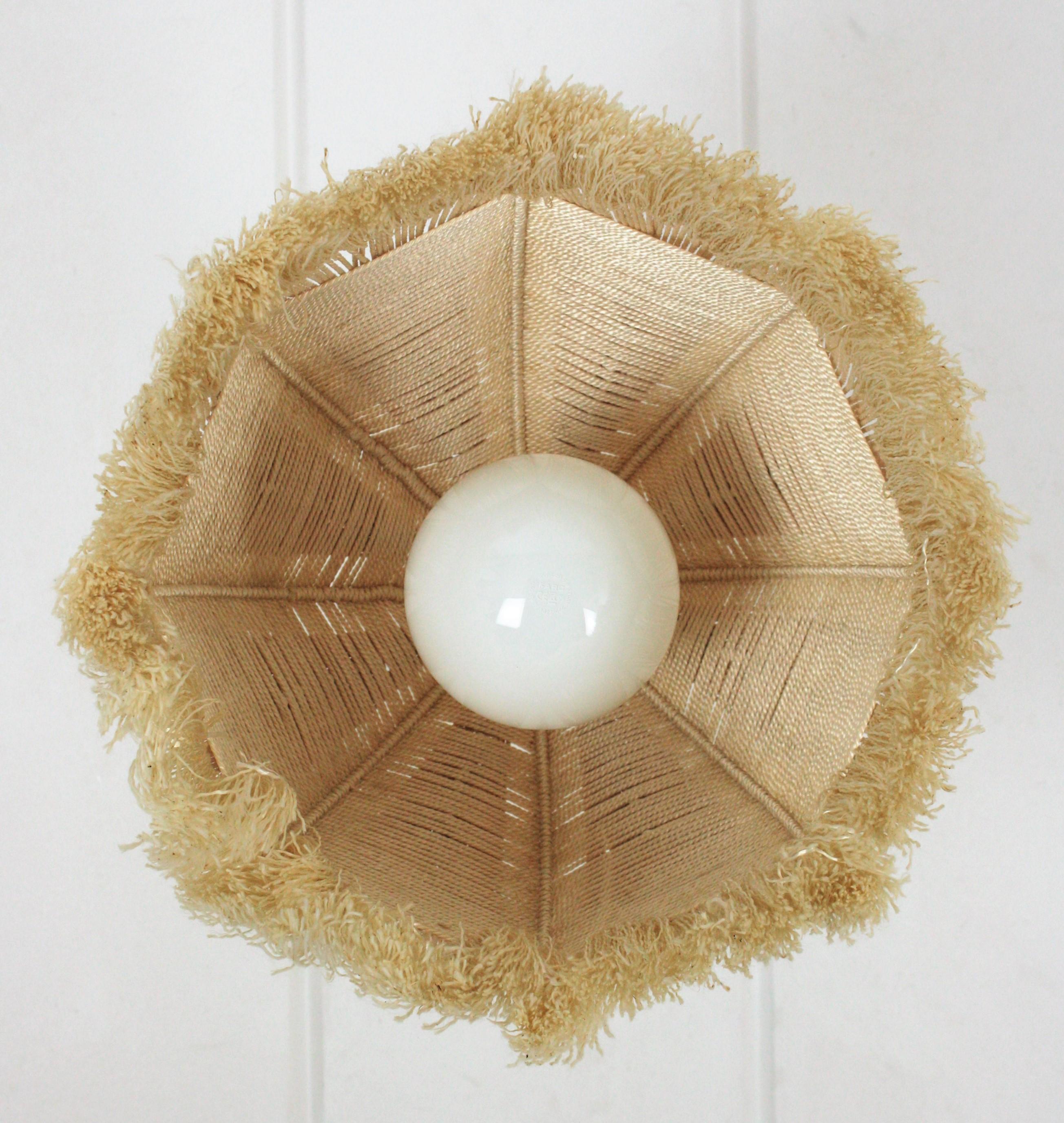 Cotton Bohemian Macrame Fiber Bell Pendant Hanging Lamp with Fringe, Spain, 1970s