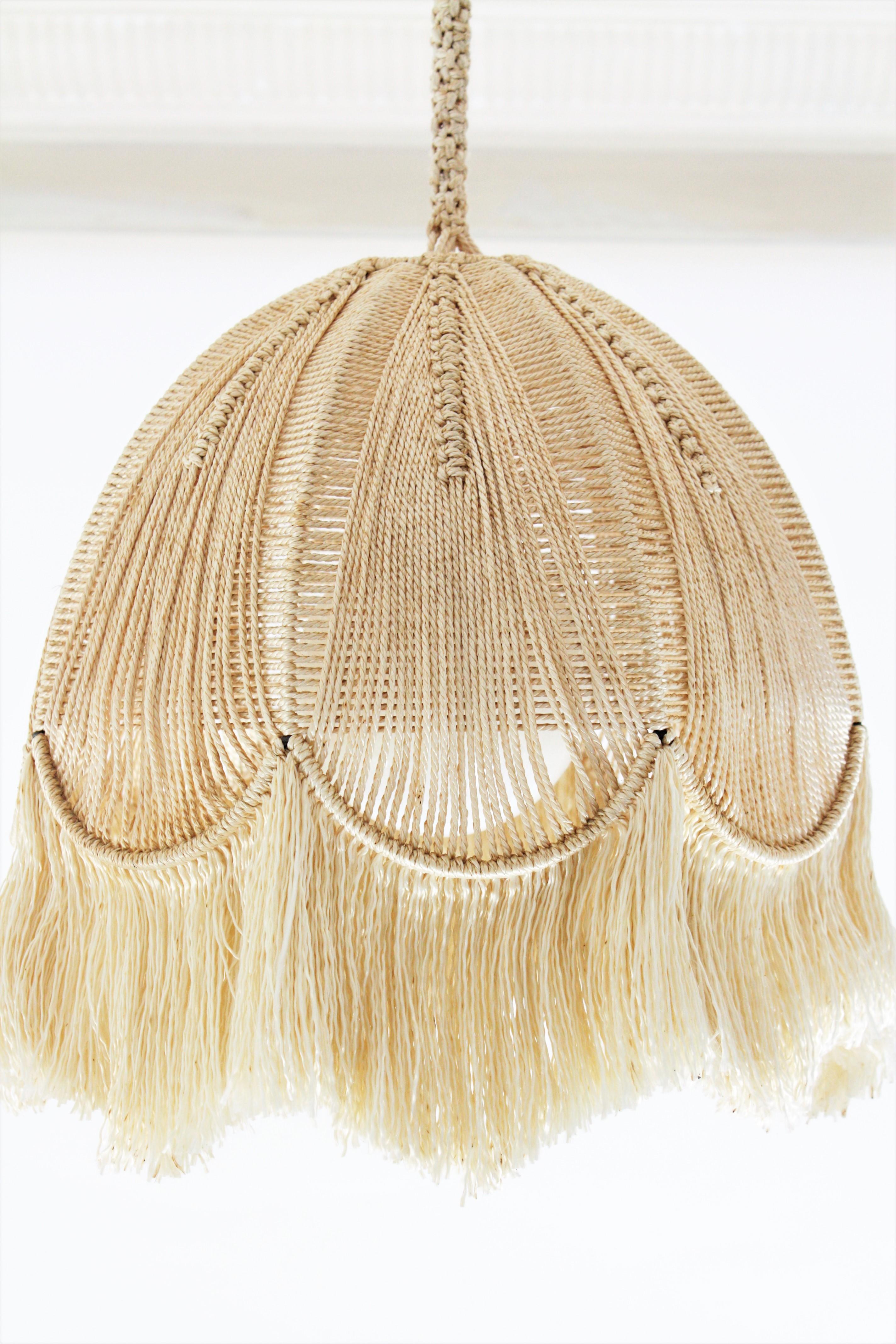 Bohemian Macrame Fiber Bell Pendant Hanging Lamp with Fringe, Spain, 1970s 2