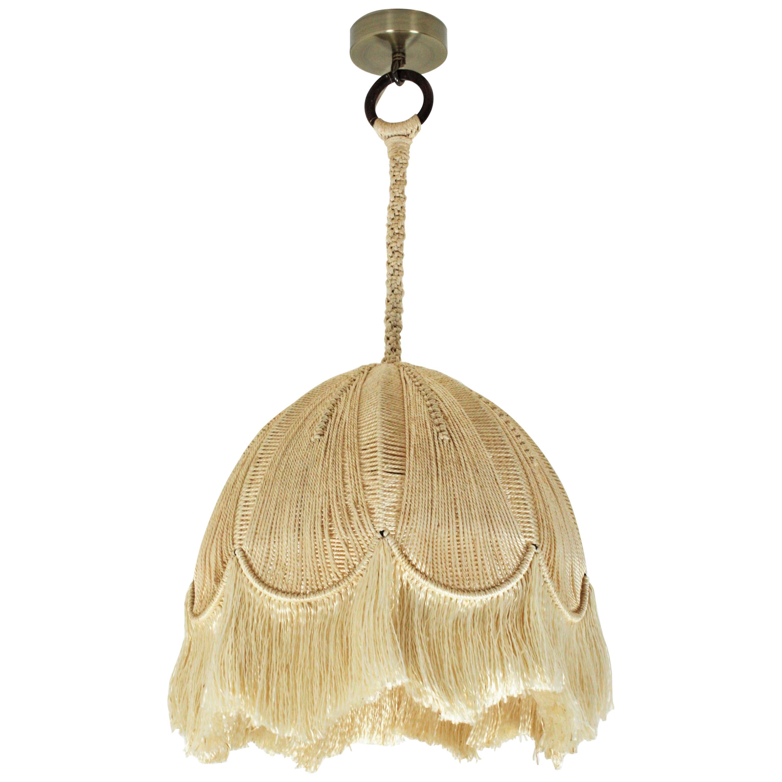 Bohemian Macrame Fiber Bell Pendant Hanging Lamp with Fringe, Spain, 1970s