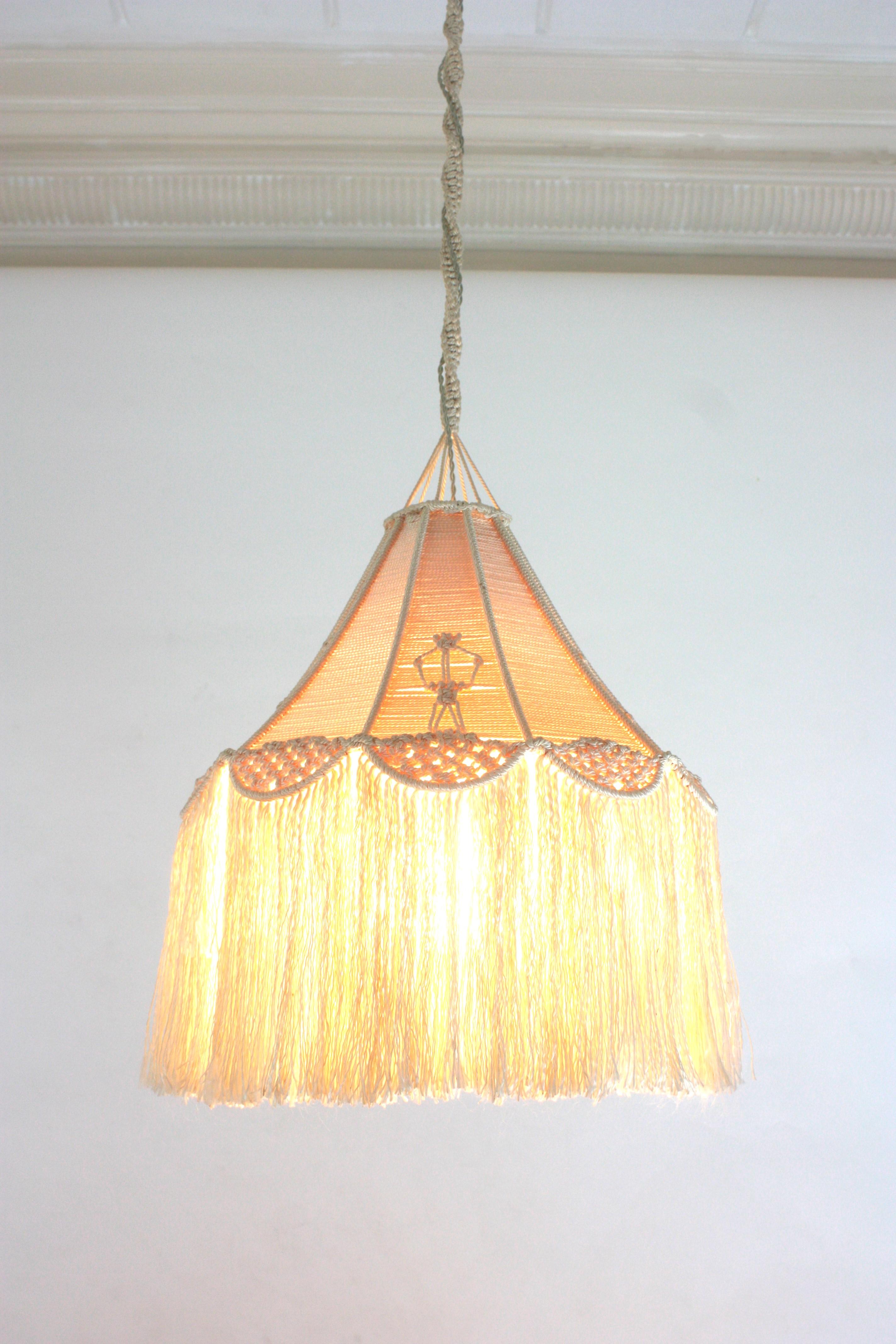 Bohemian Macrame Fiber Pendant Ceiling Hanging Lamp with Fringe For Sale 2