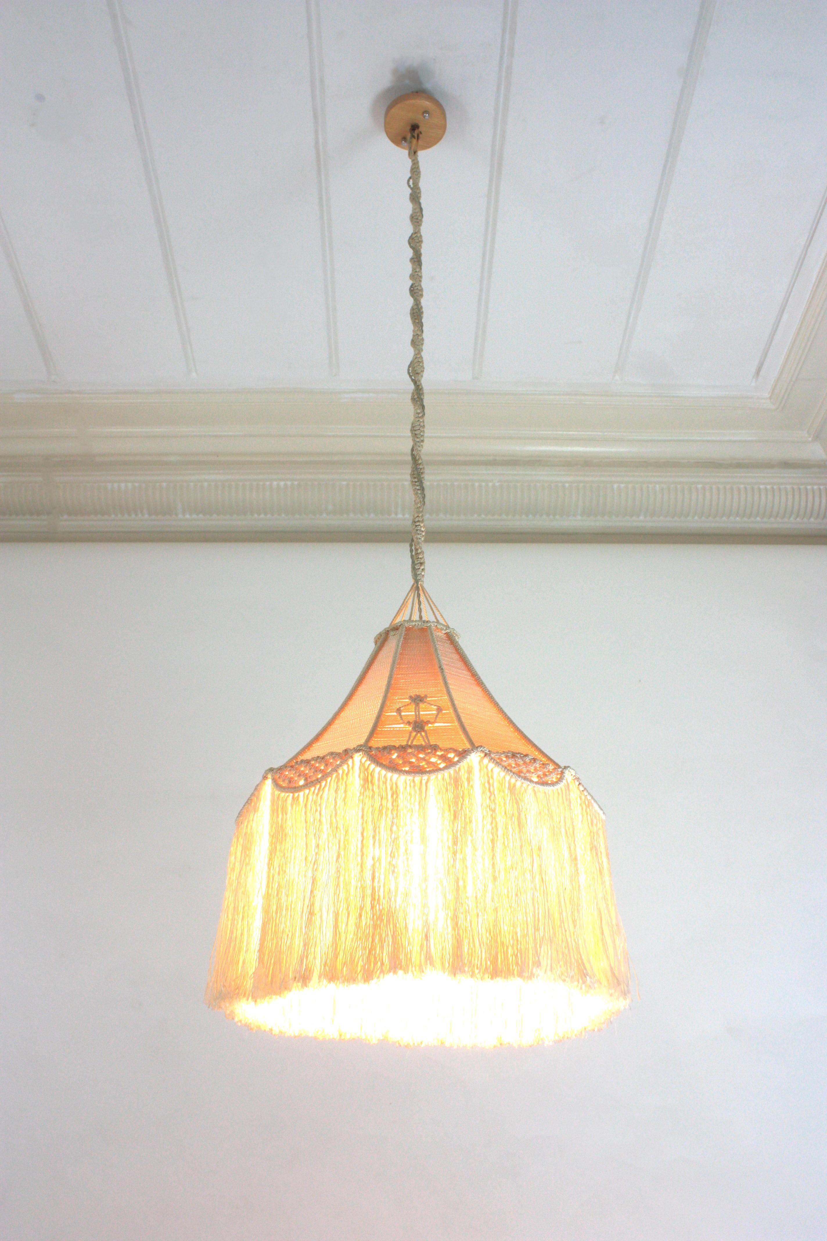 Bohemian Macrame Fiber Pendant Ceiling Hanging Lamp with Fringe For Sale 3