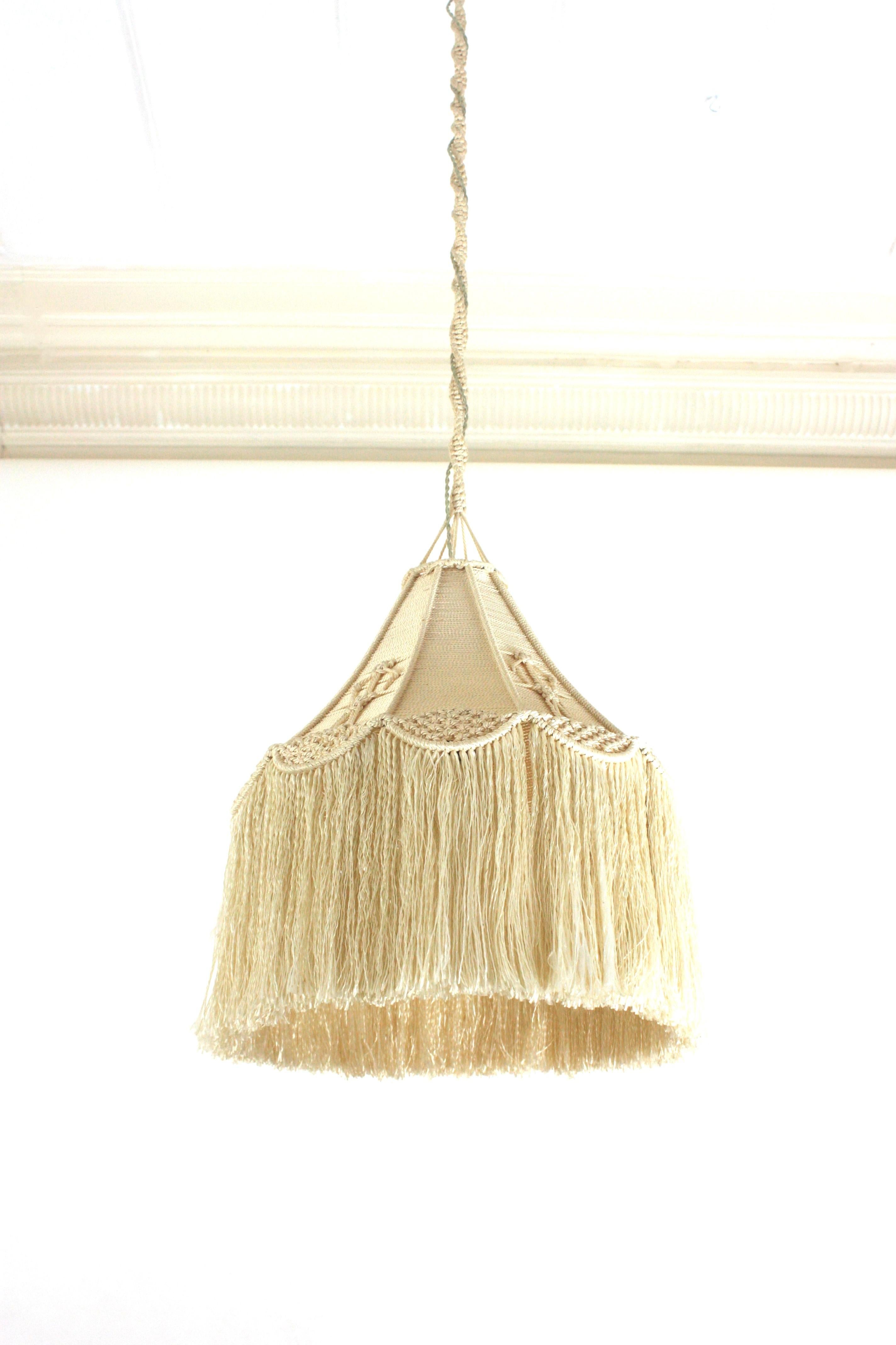 Bohemian Macrame Fiber Pendant Ceiling Hanging Lamp with Fringe For Sale 5