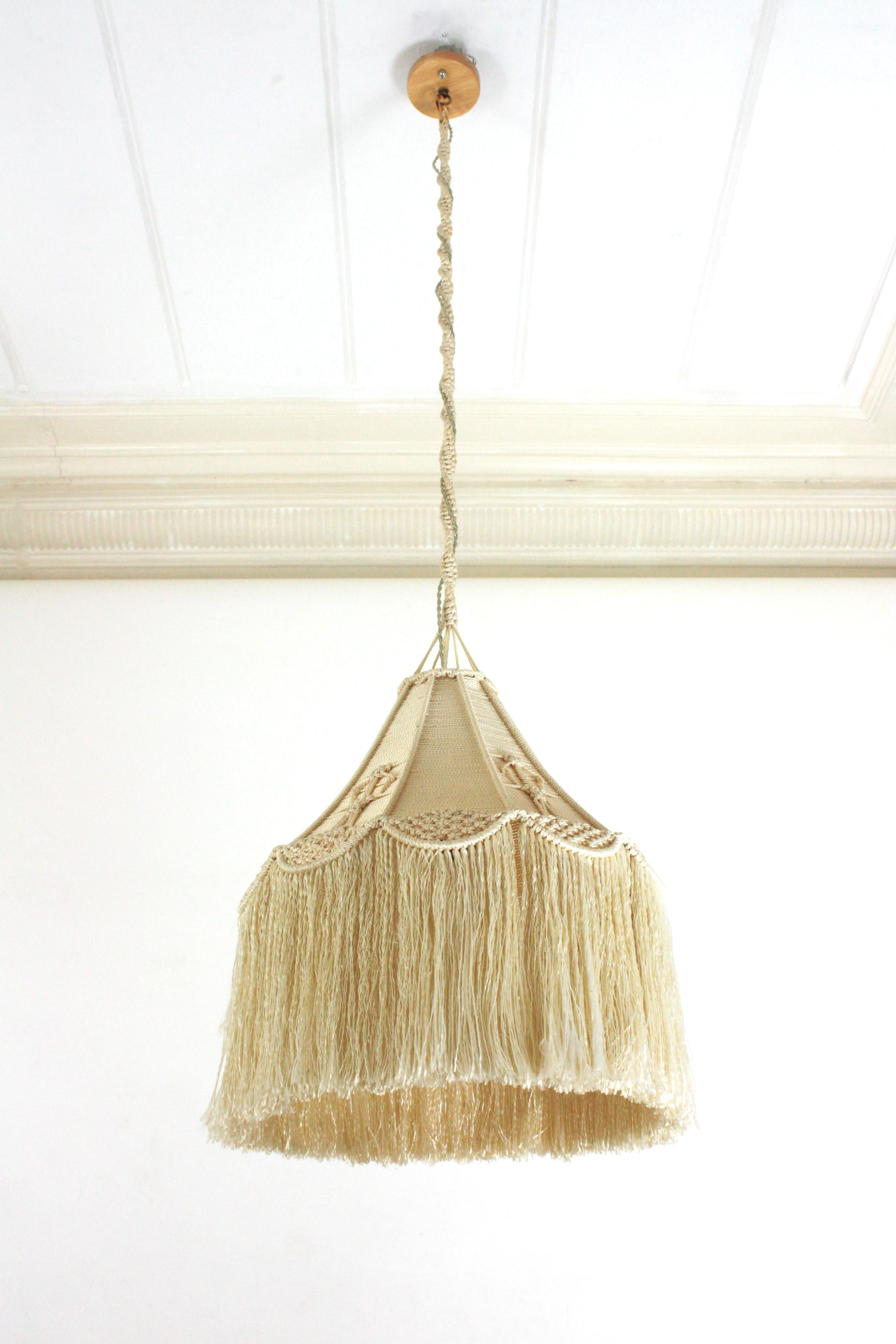 Bohemian Macrame Fiber Pendant Ceiling Hanging Lamp with Fringe For Sale 6