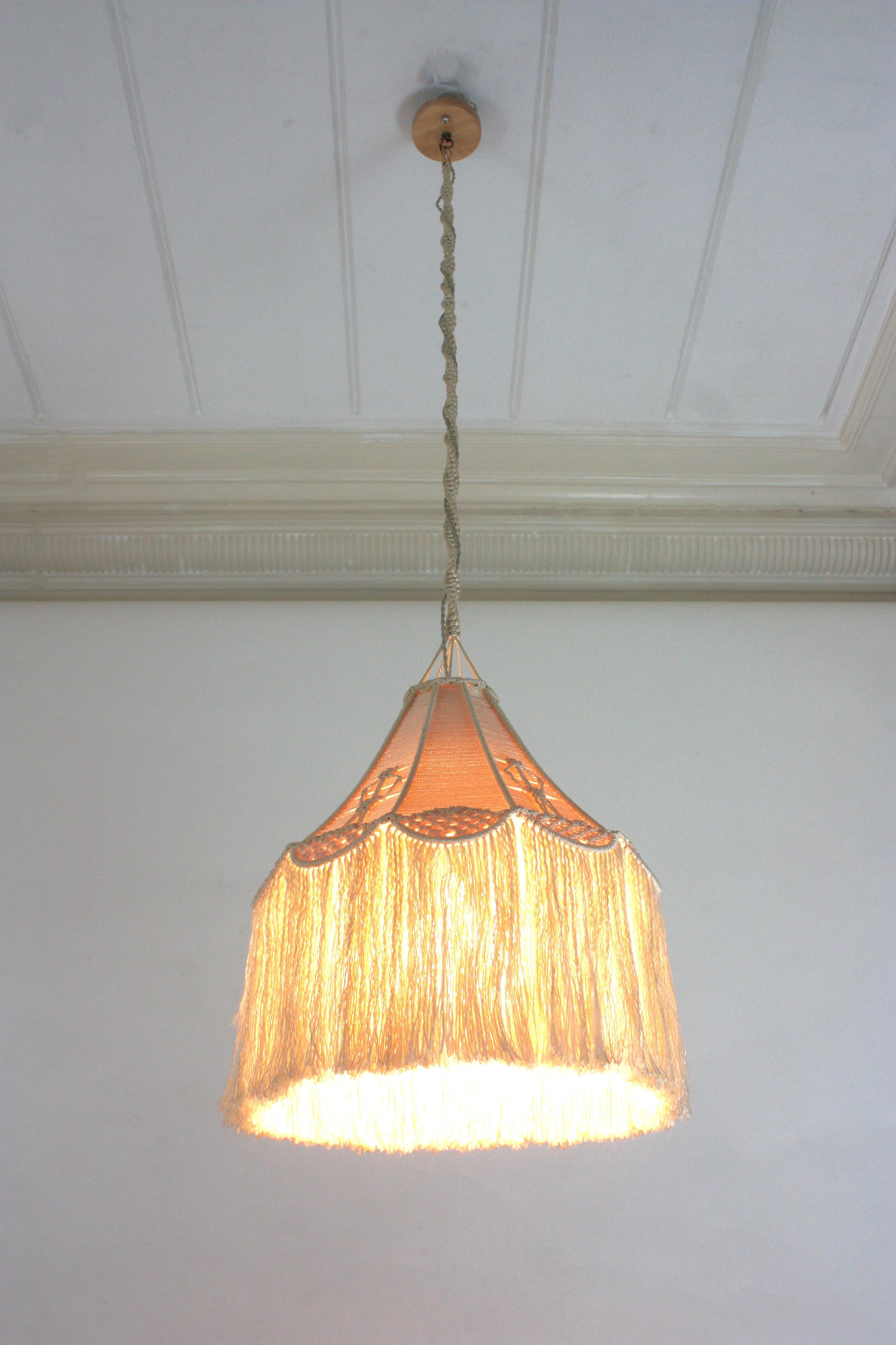 Bohemian Macrame Fiber Pendant Ceiling Hanging Lamp with Fringe For Sale 7