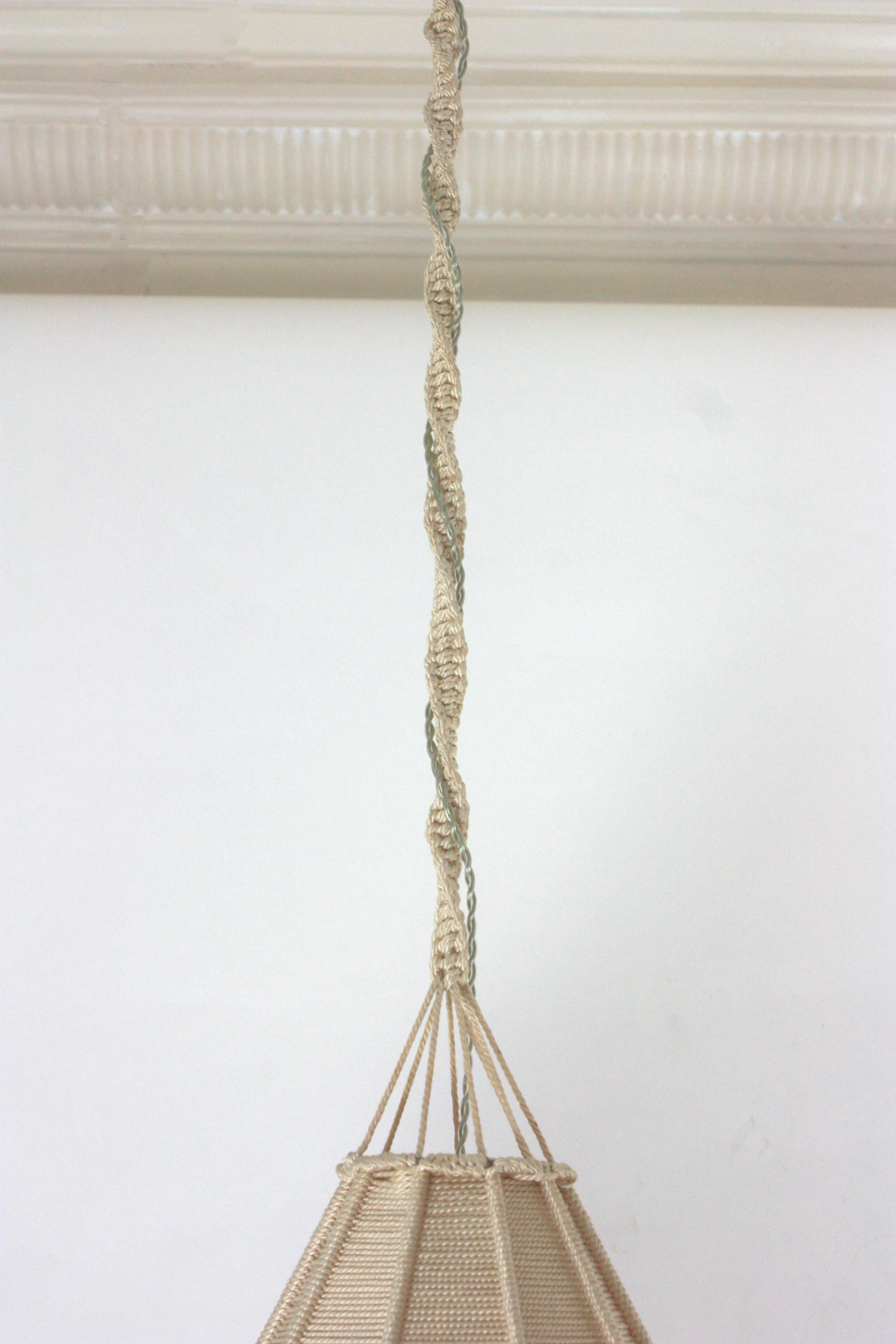 Bohemian Macrame Fiber Pendant Ceiling Hanging Lamp with Fringe For Sale 11