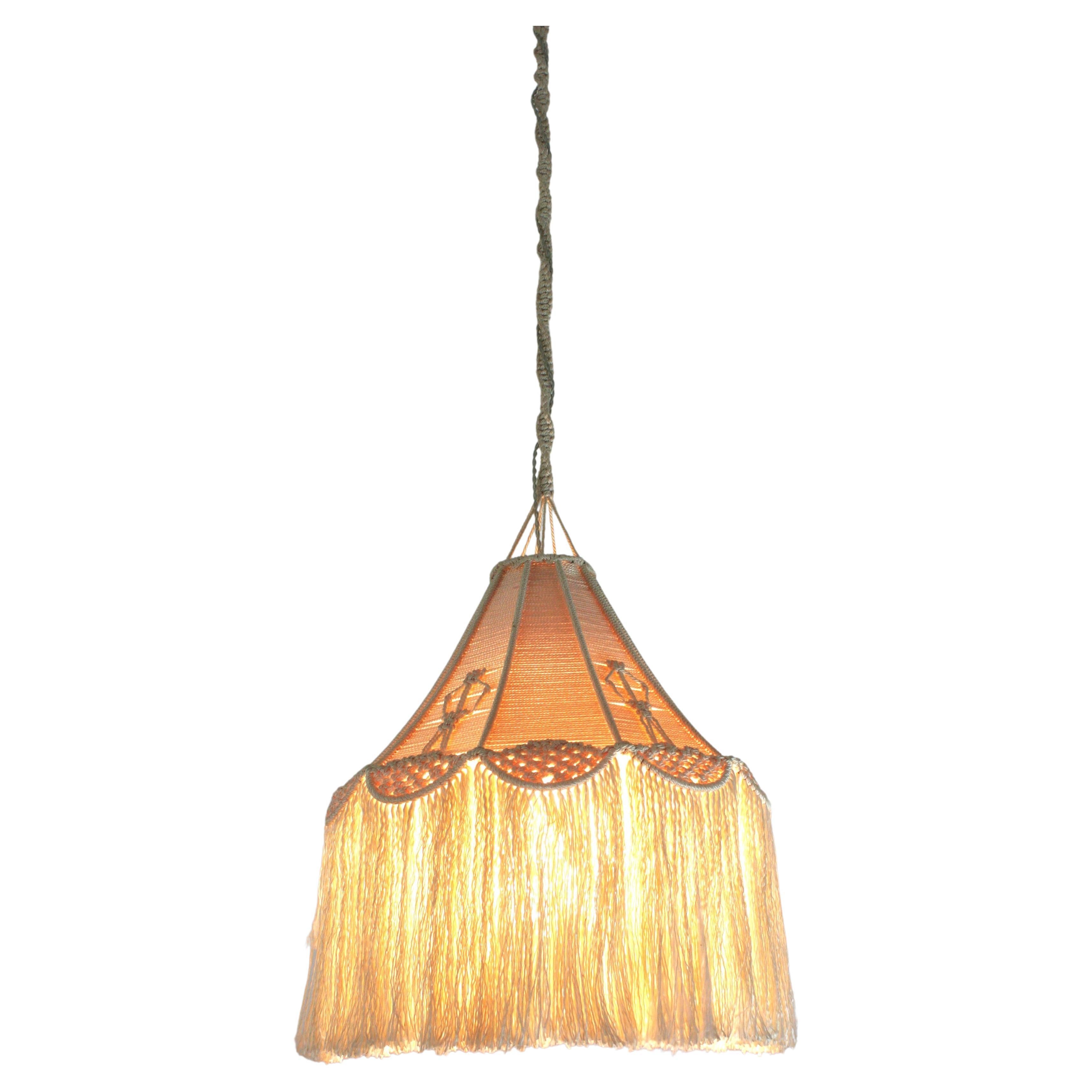 Mid-Century Modern Bohemian Macrame Fiber Pendant Ceiling Hanging Lamp with Fringe For Sale