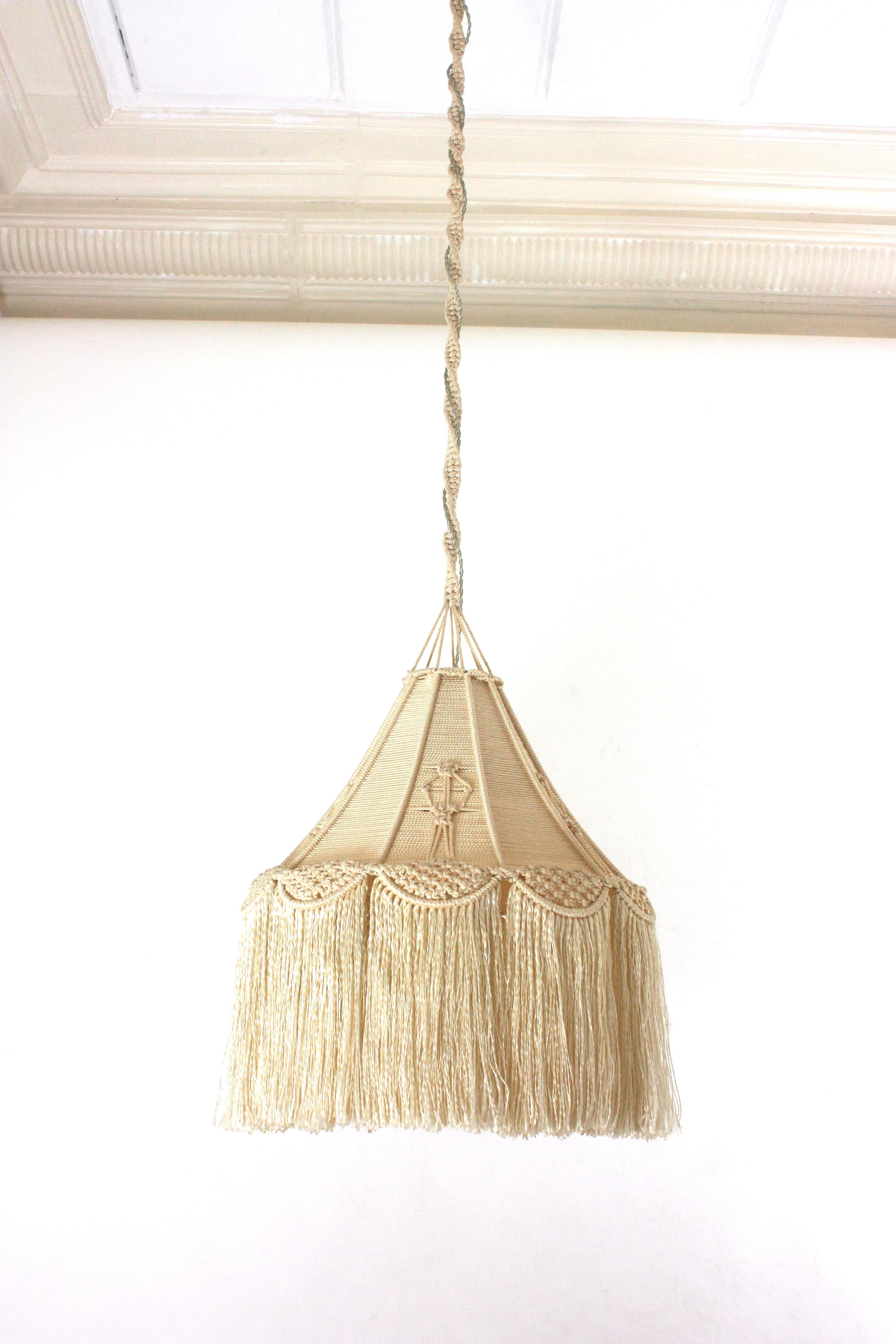 Spanish Bohemian Macrame Fiber Pendant Ceiling Hanging Lamp with Fringe For Sale
