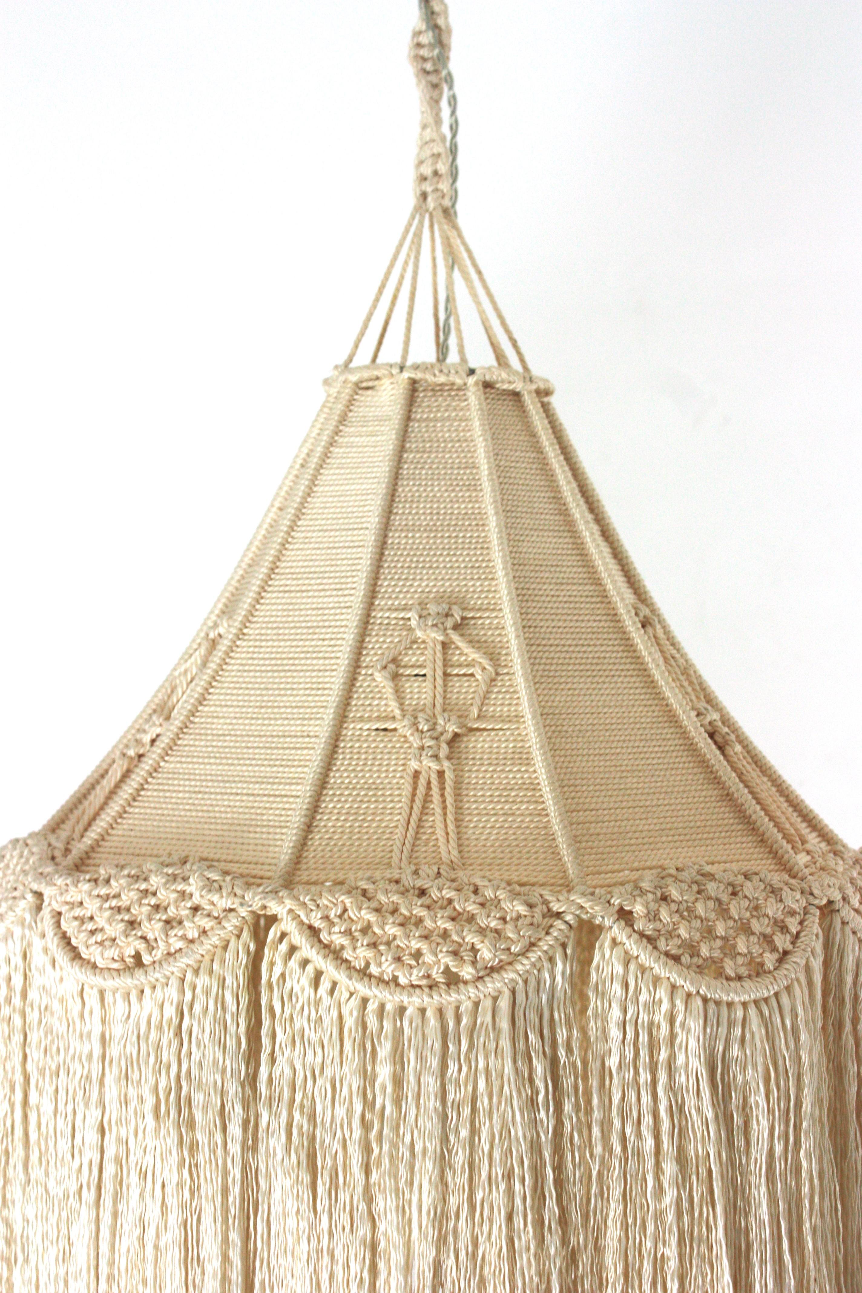 Hand-Crafted Bohemian Macrame Fiber Pendant Ceiling Hanging Lamp with Fringe For Sale