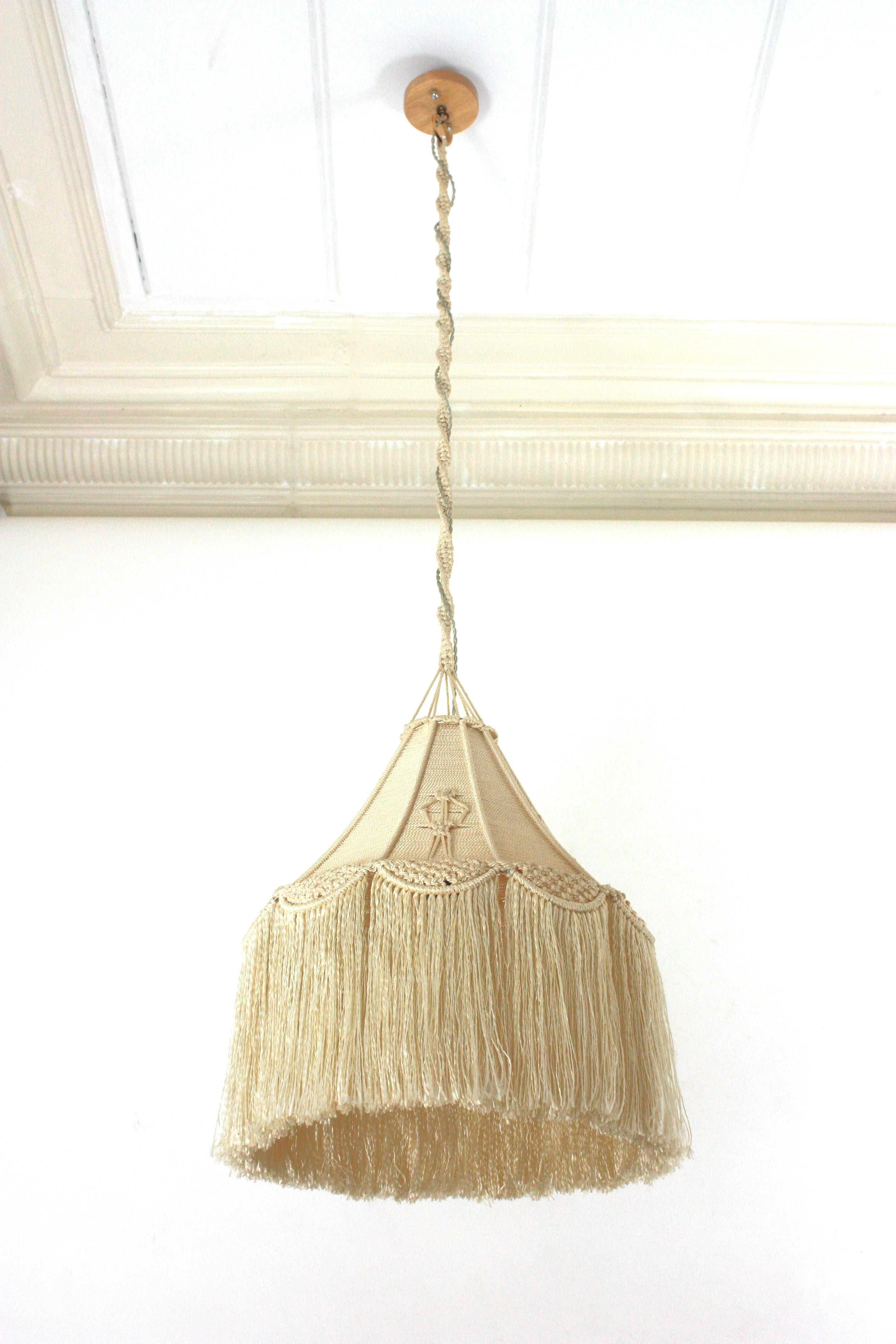 20th Century Bohemian Macrame Fiber Pendant Ceiling Hanging Lamp with Fringe For Sale
