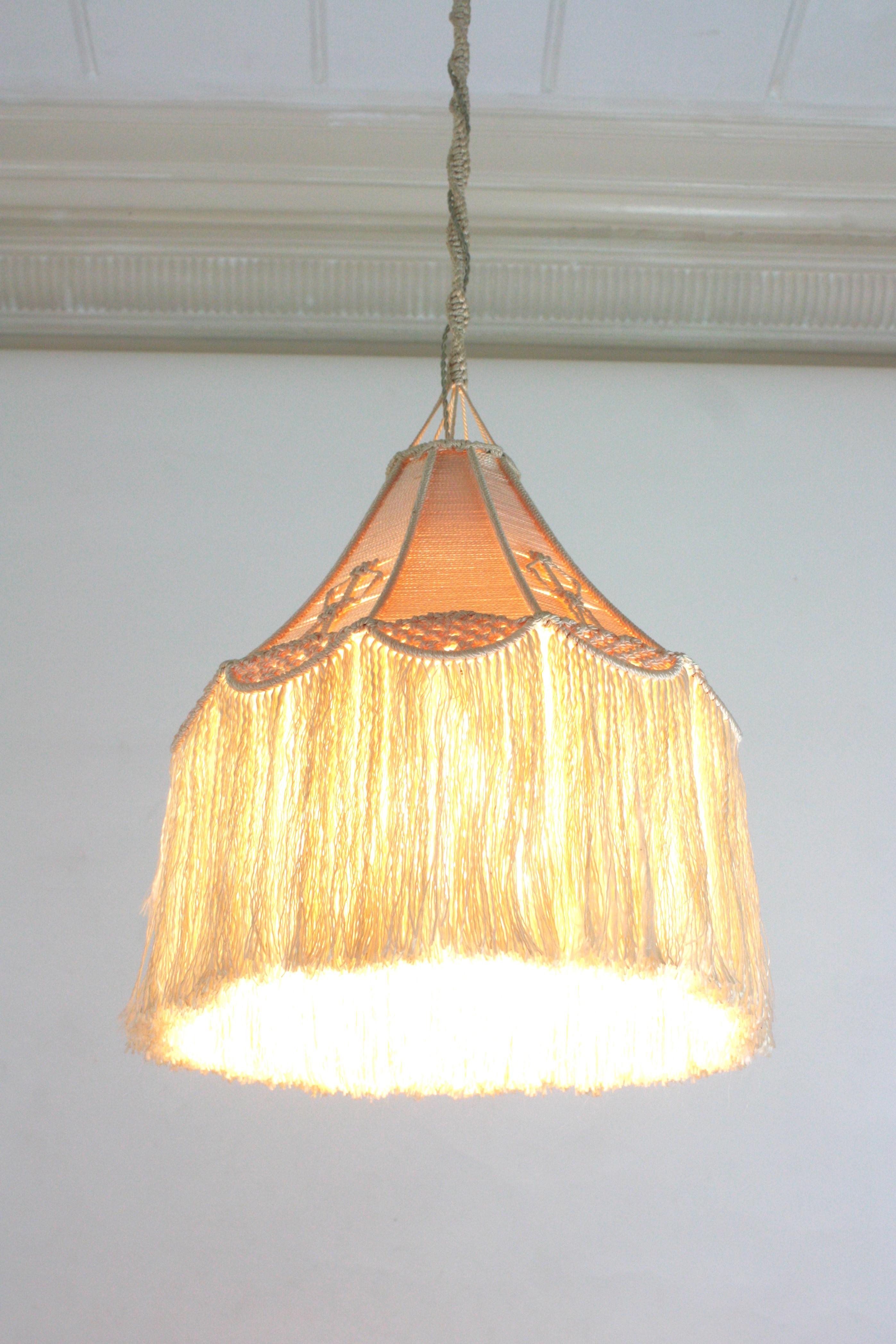 Cotton Bohemian Macrame Fiber Pendant Ceiling Hanging Lamp with Fringe For Sale