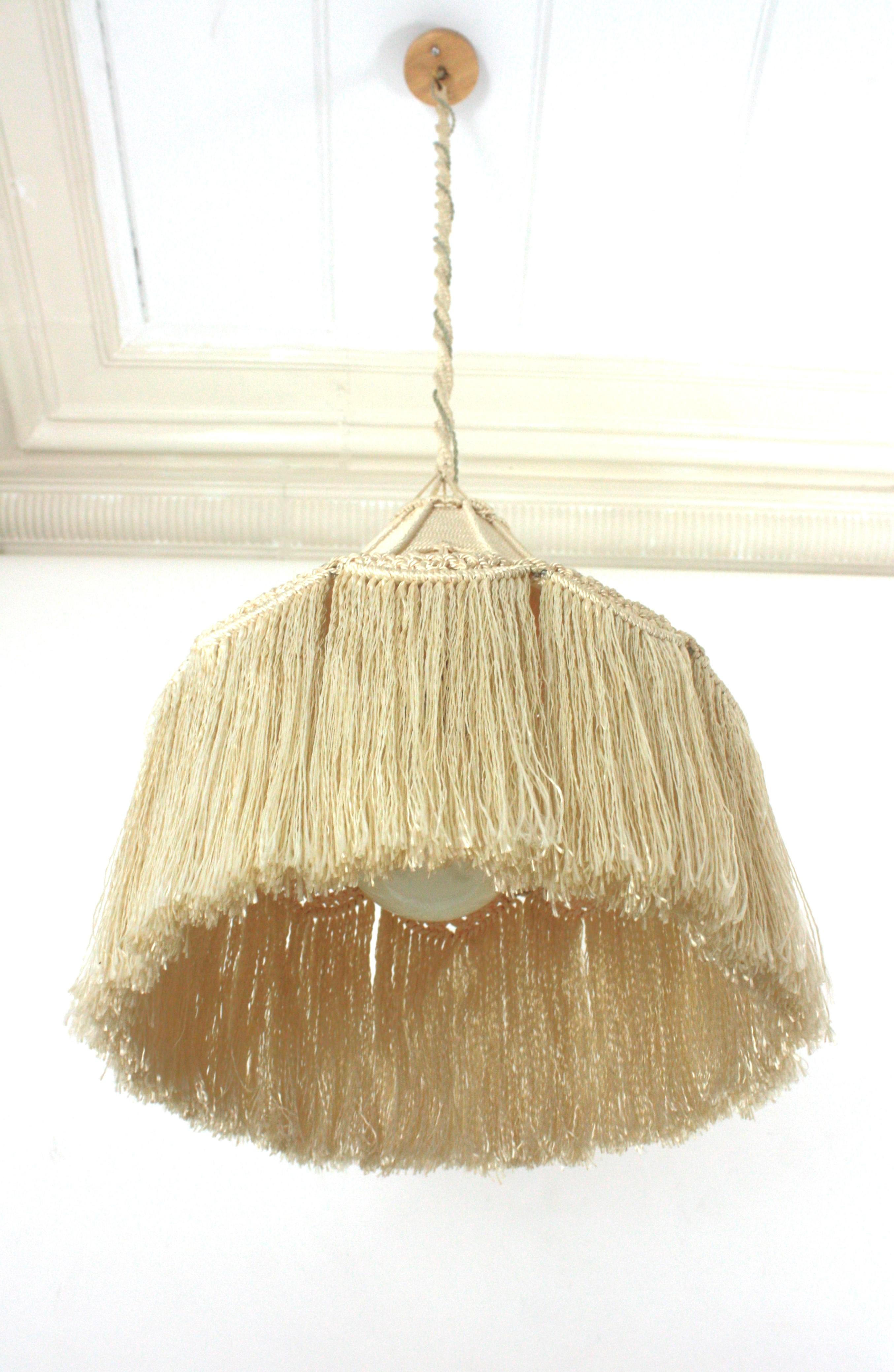 Bohemian Macrame Fiber Pendant Ceiling Hanging Lamp with Fringe For Sale 1
