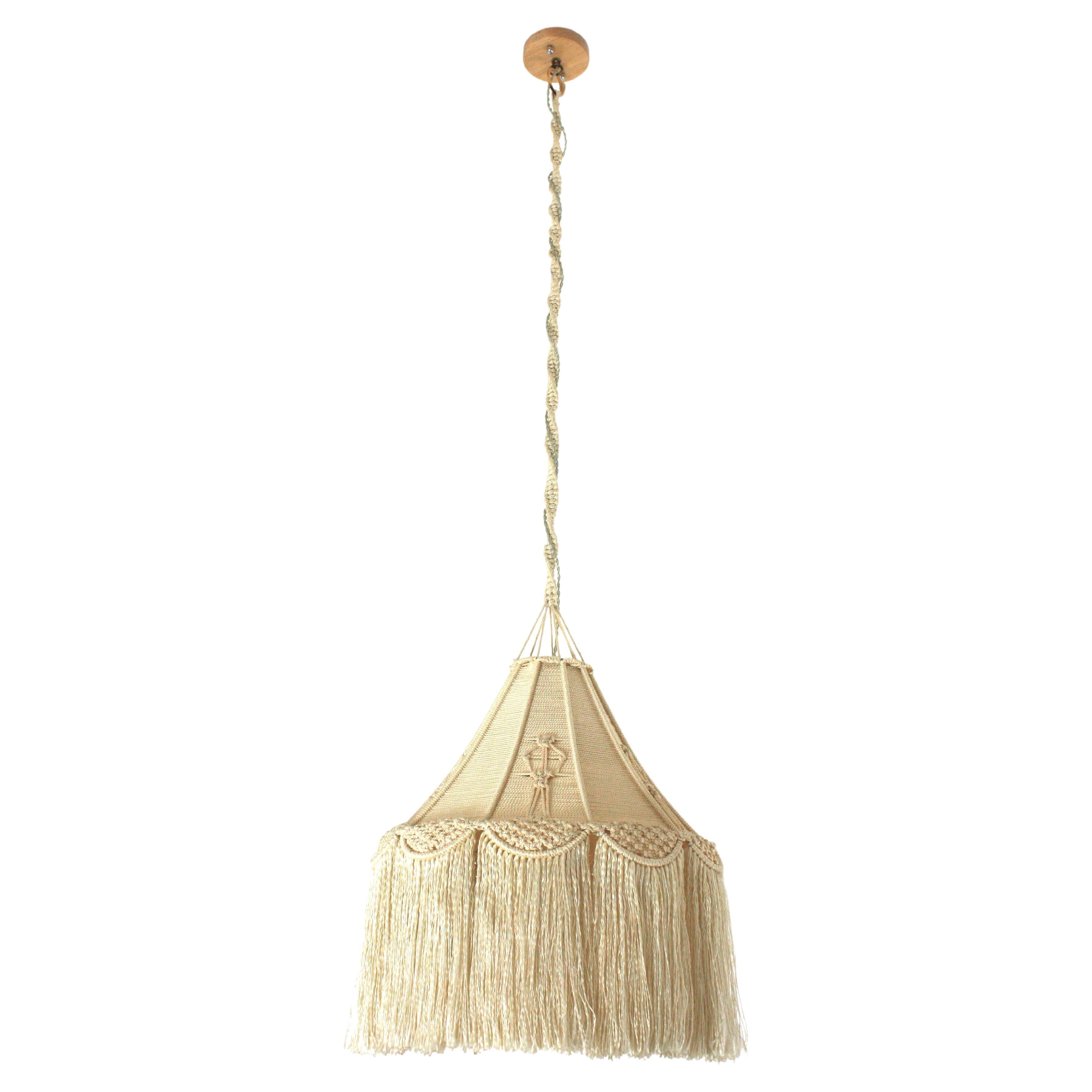 Bohemian Macrame Fiber Pendant Ceiling Hanging Lamp with Fringe For Sale