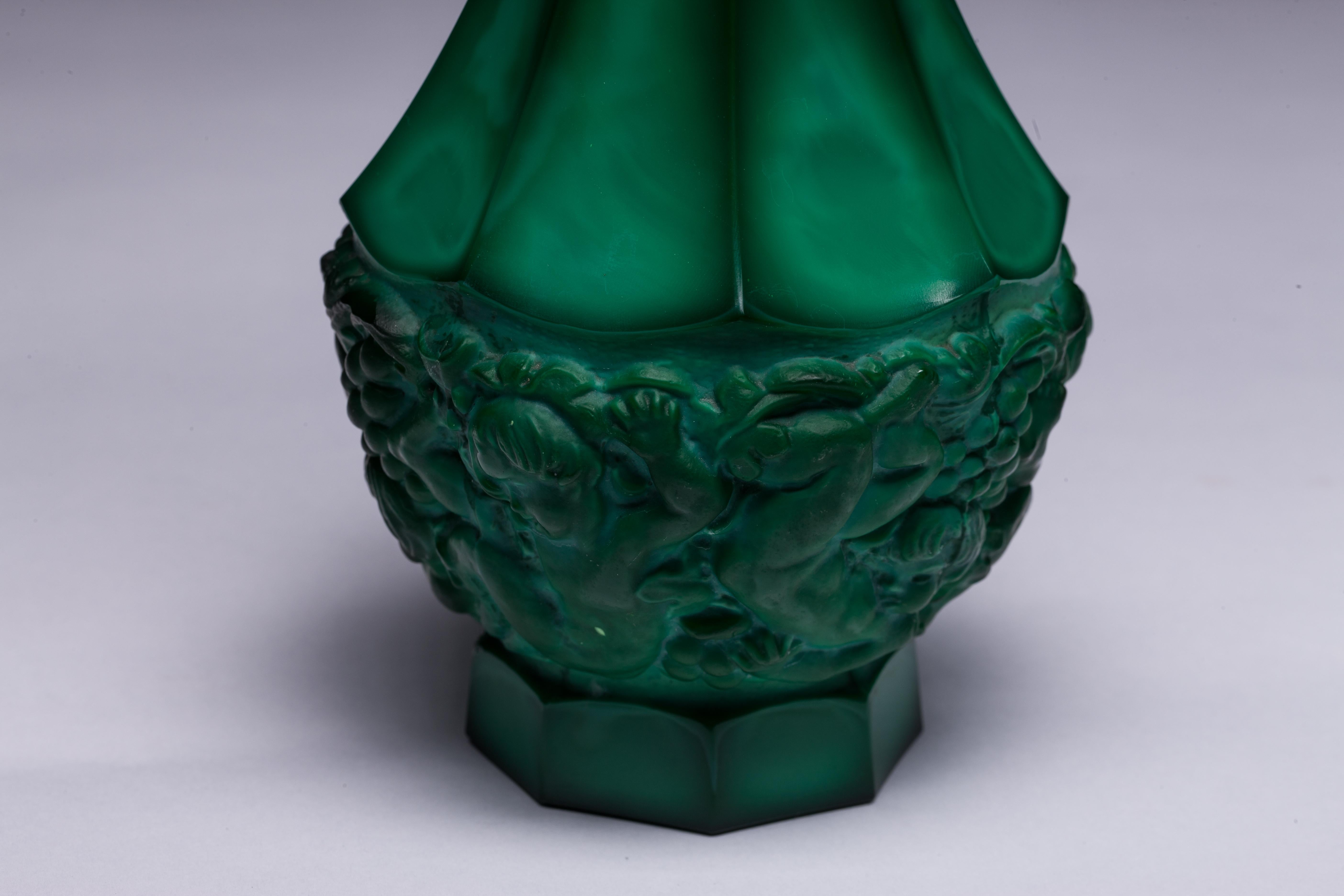 Bohemian Malachite Glass Decanter and Six Cordials For Sale 3