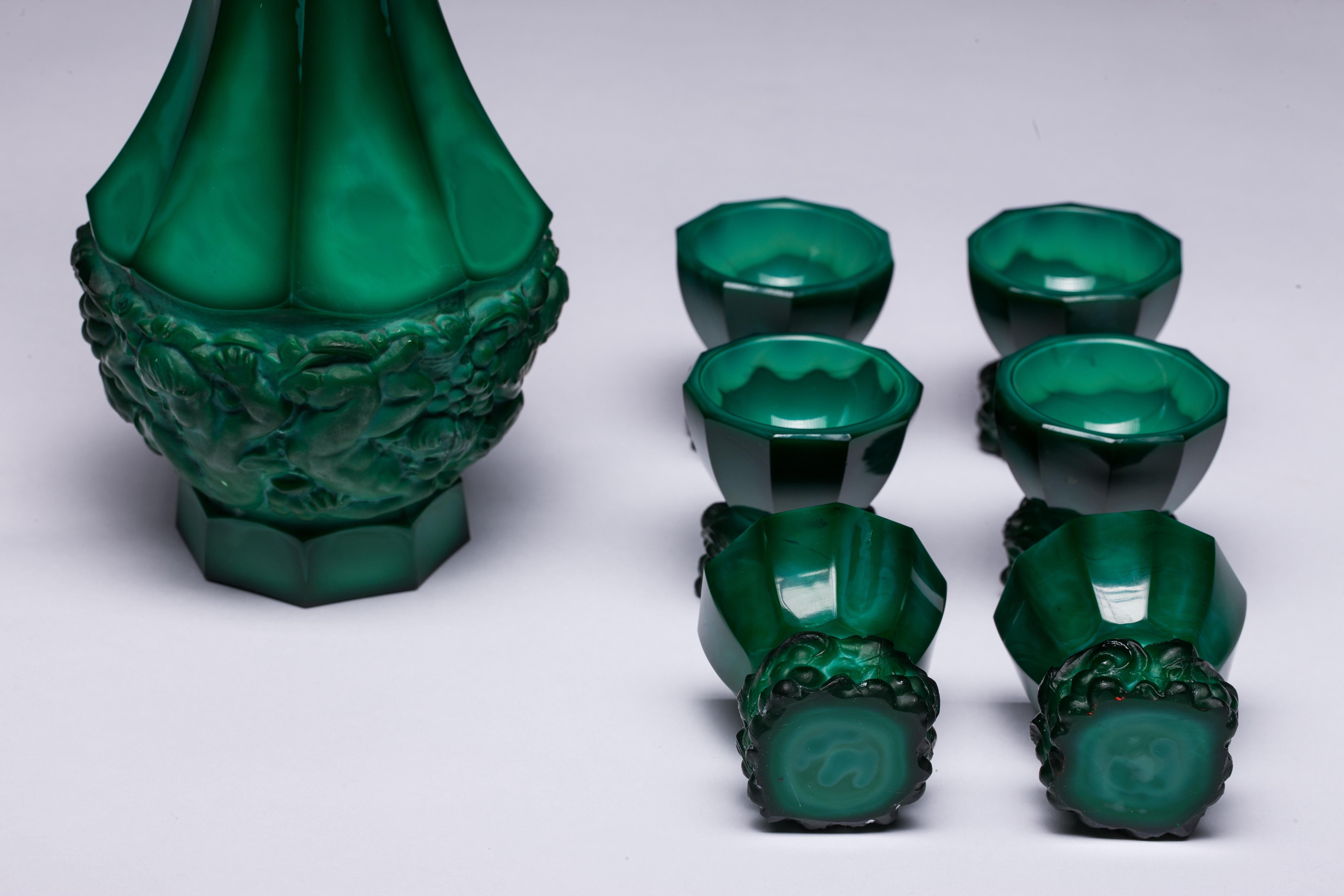 Bohemian Malachite Glass Decanter and Six Cordials For Sale 5